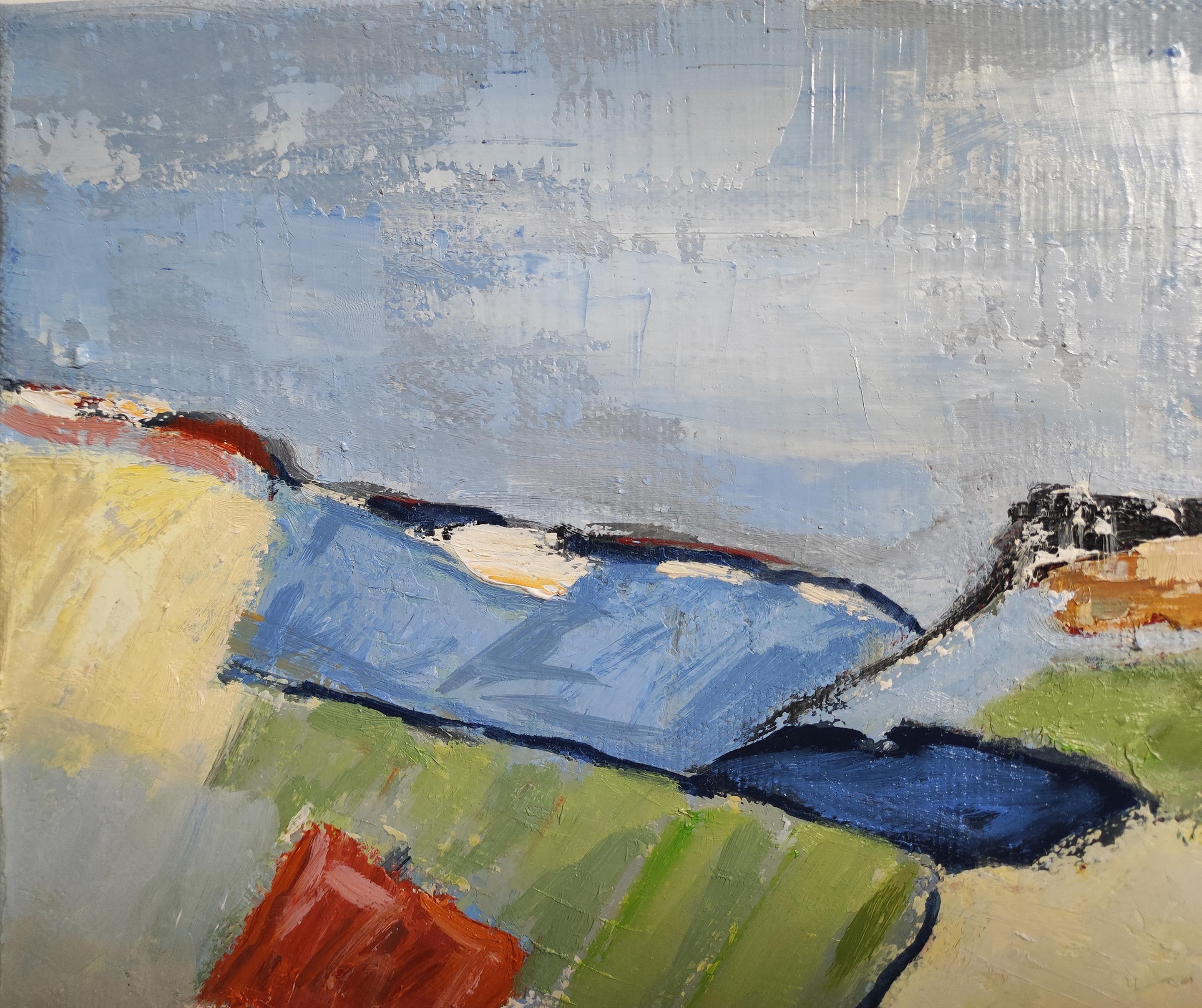 Paesaggio astratto di campagna con macchie colorate. La costruzione ha la precedenza sul modello, i molti strati sovrapposti danno vita a un materiale interessante, accentuato dal tessuto di lino a grana grossa.
Sophie Dumont non cerca di creare un