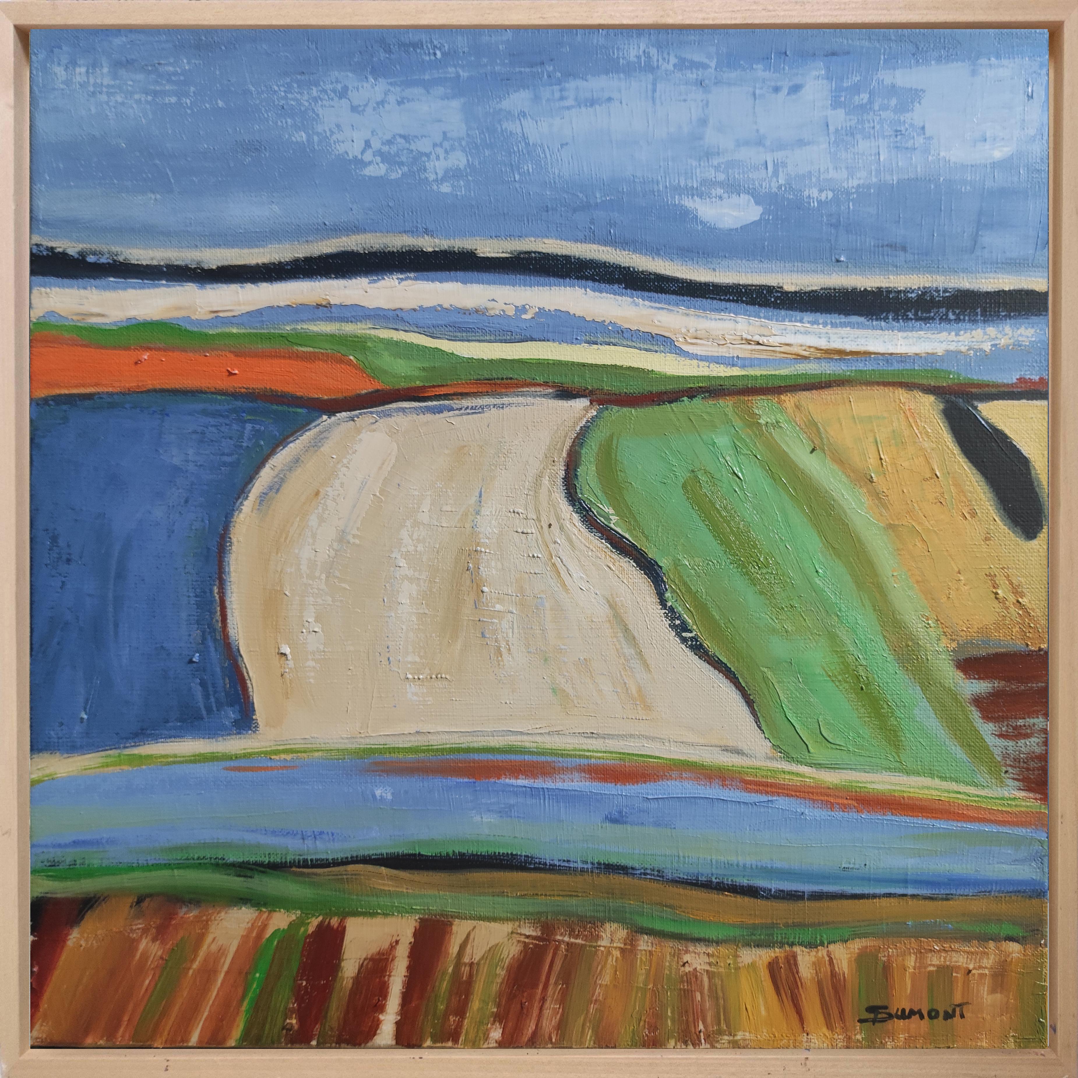 scena di campagna, paesaggio blu, olio su tela, espressionismo, arte contemporanea - Painting di SOPHIE DUMONT