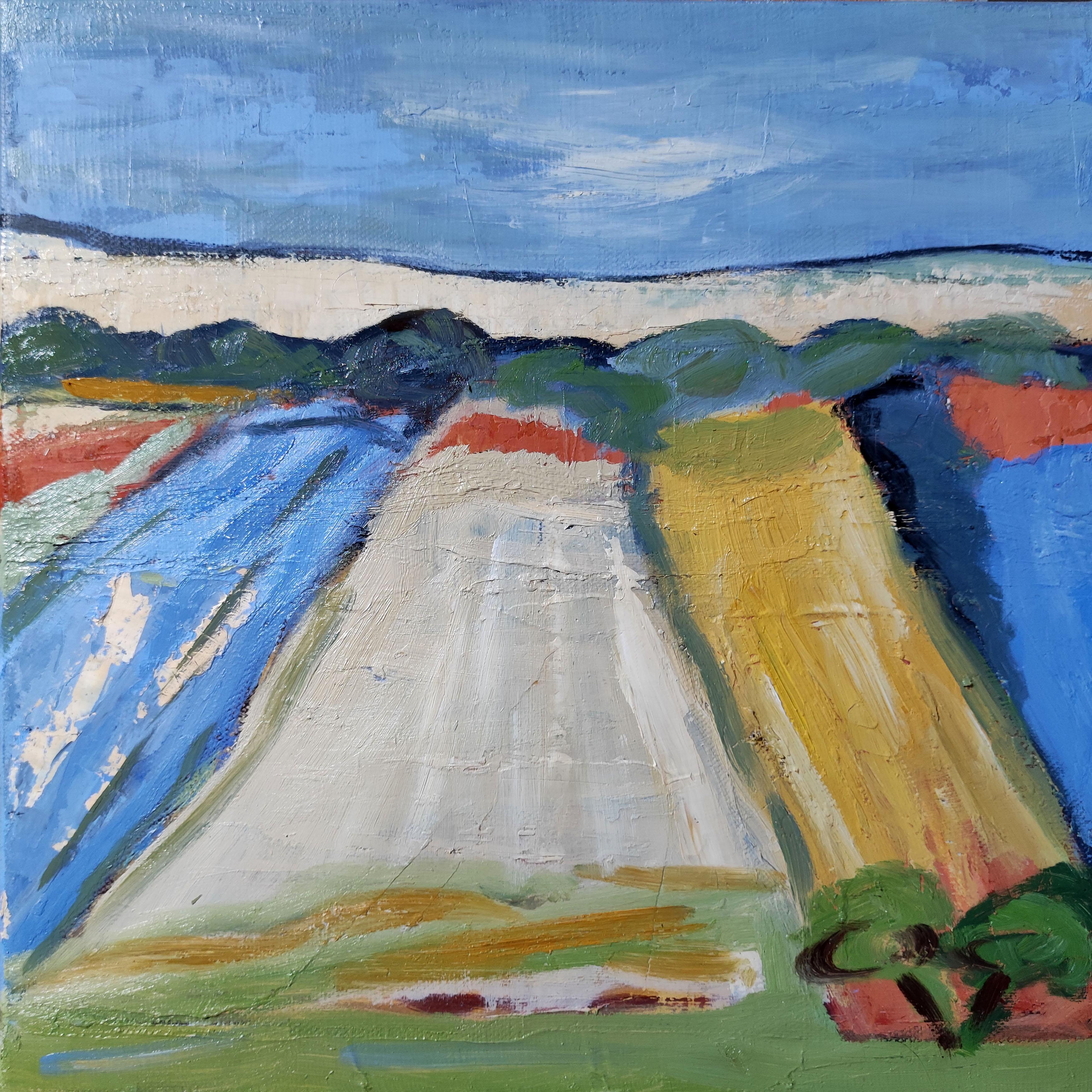 countryside spot, fields, blue abstract landscape, oil on canvas, expressionism - Painting by SOPHIE DUMONT