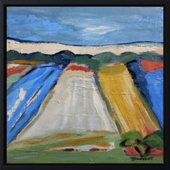 countryside spot, fields, blue abstract landscape, oil on canvas, expressionism