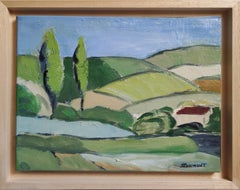 countryside spot, fields, blue abstract landscape, oil on canvas, expressionism