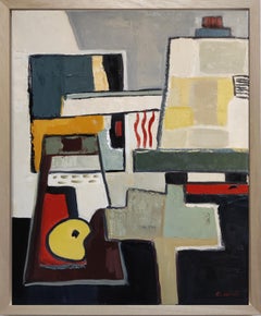 Cubist Studio, Abstract, Green, Geometric, Contemporary, Oil, Minimalism, French
