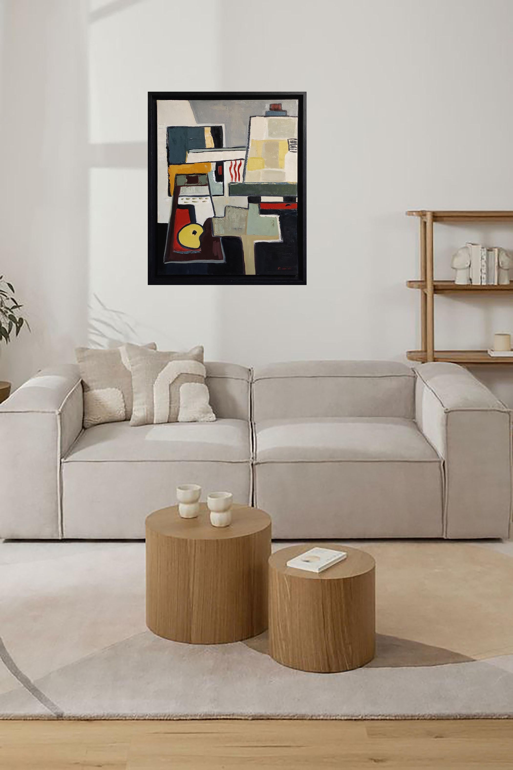 Studio Cubista, Astratto, Verde, Geometrico, Contemporaneo, Olio, Minimalismo, Francese - Abstract Painting Nero di SOPHIE DUMONT