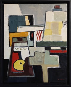 Cubist Studio, Abstract, Green, Geometric, Contemporary, Oil, Minimalism, French