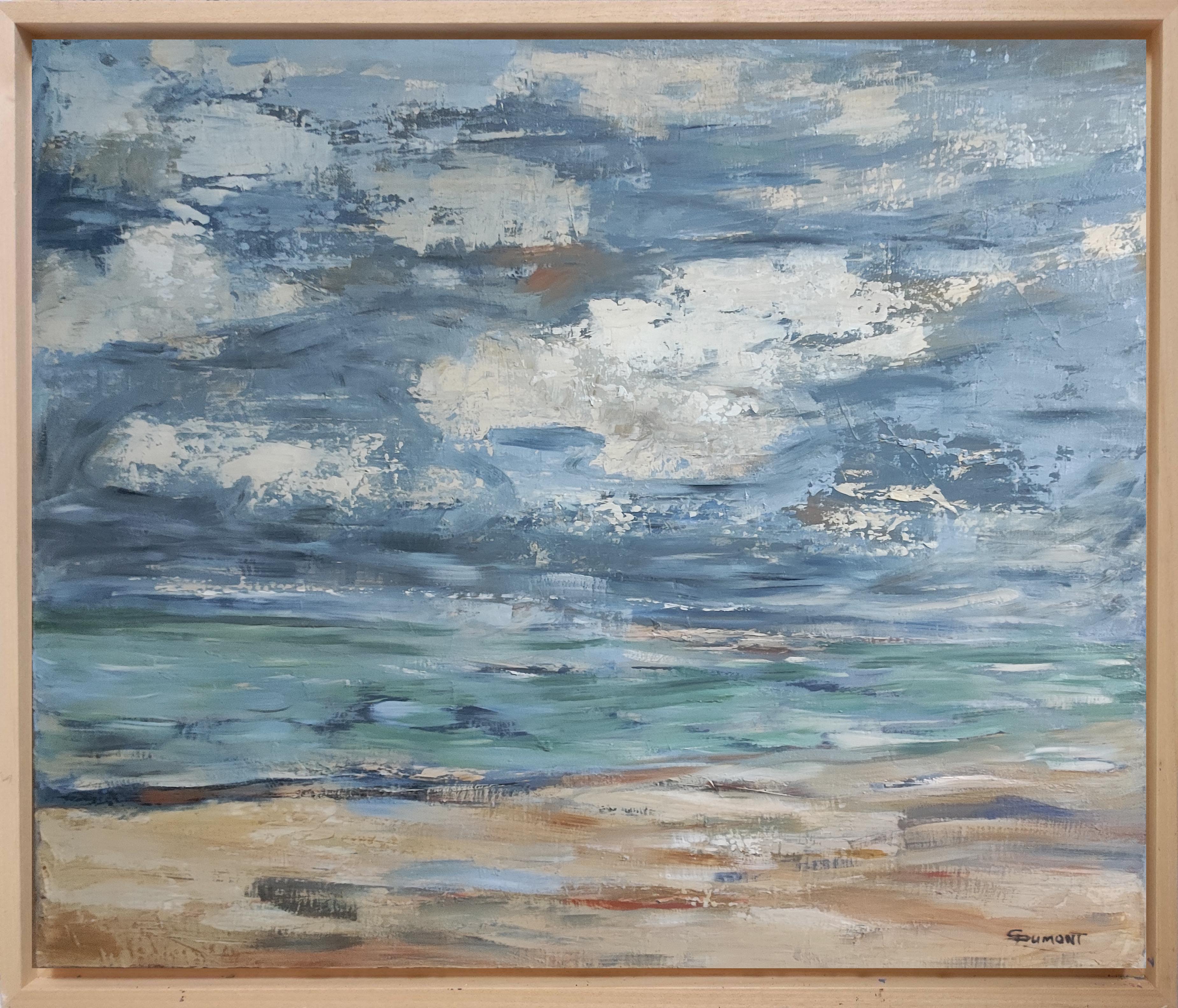 Deauville, Playa, Mar, Figurativo, Contemporáneo, Azul, Impresionismo, Francés - Painting Impresionista abstracto de SOPHIE DUMONT
