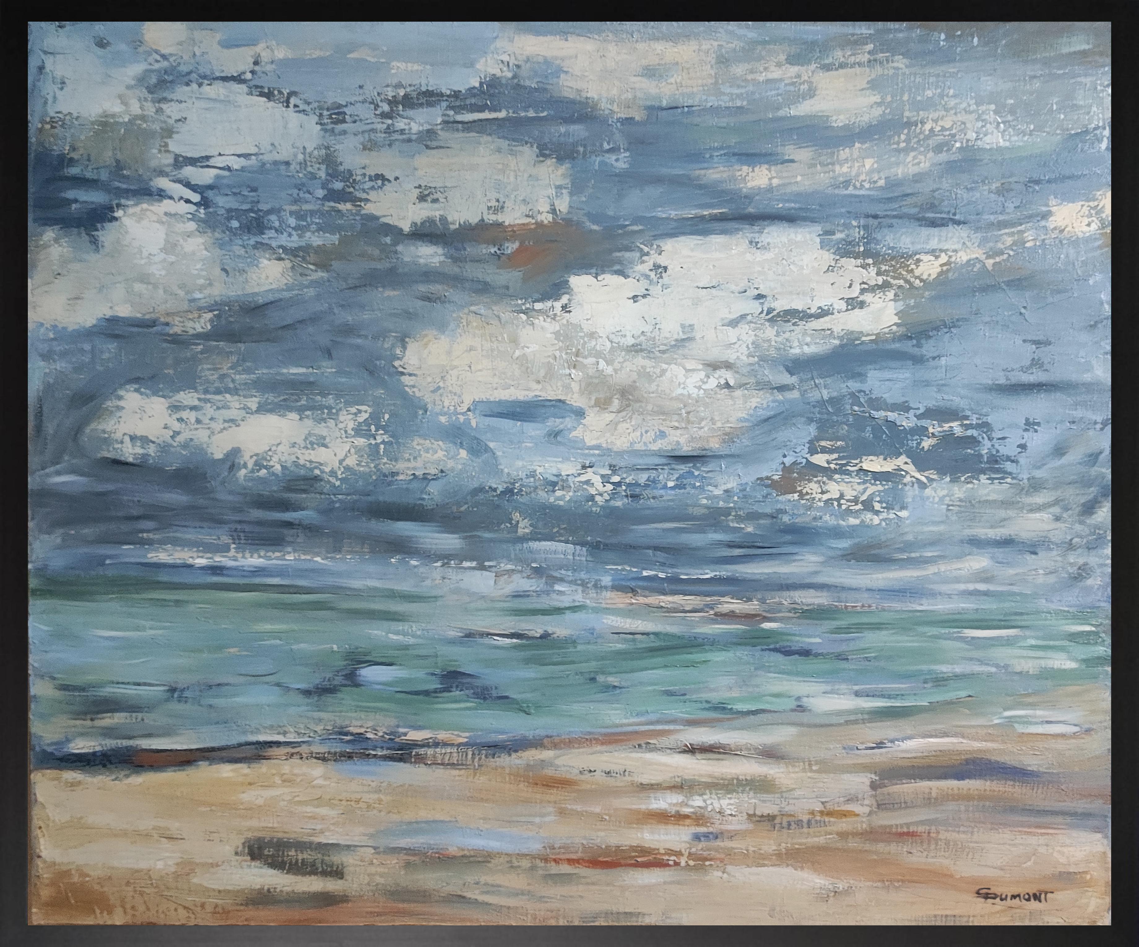 SOPHIE DUMONT Abstract Painting - Deauville, beach, seaside, figurative, contemporary, blue, impressionism