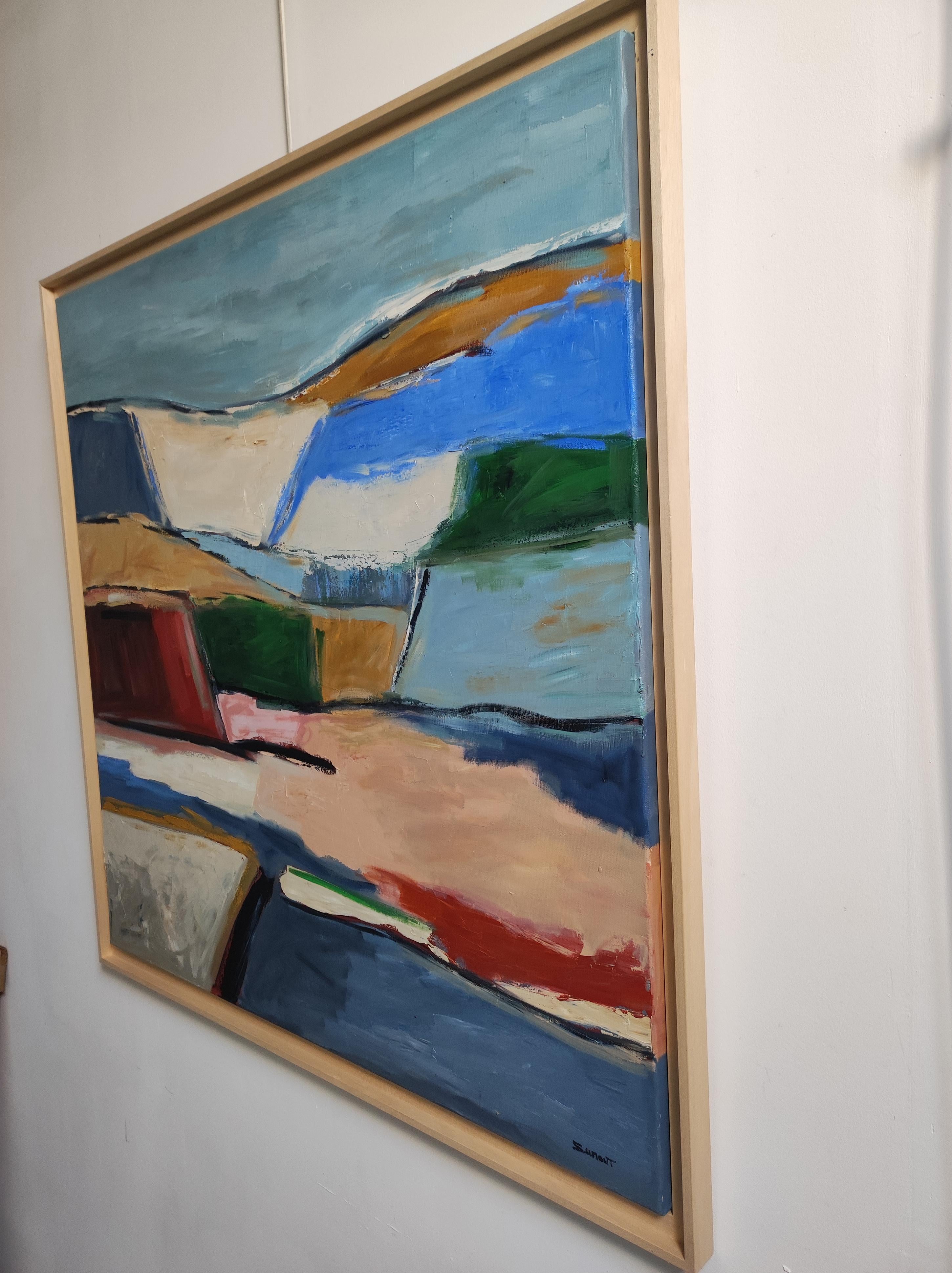 Paesaggio decostruito, campagna astratta Arte contemporanea, grande - Landscape Painting Grigio di SOPHIE DUMONT