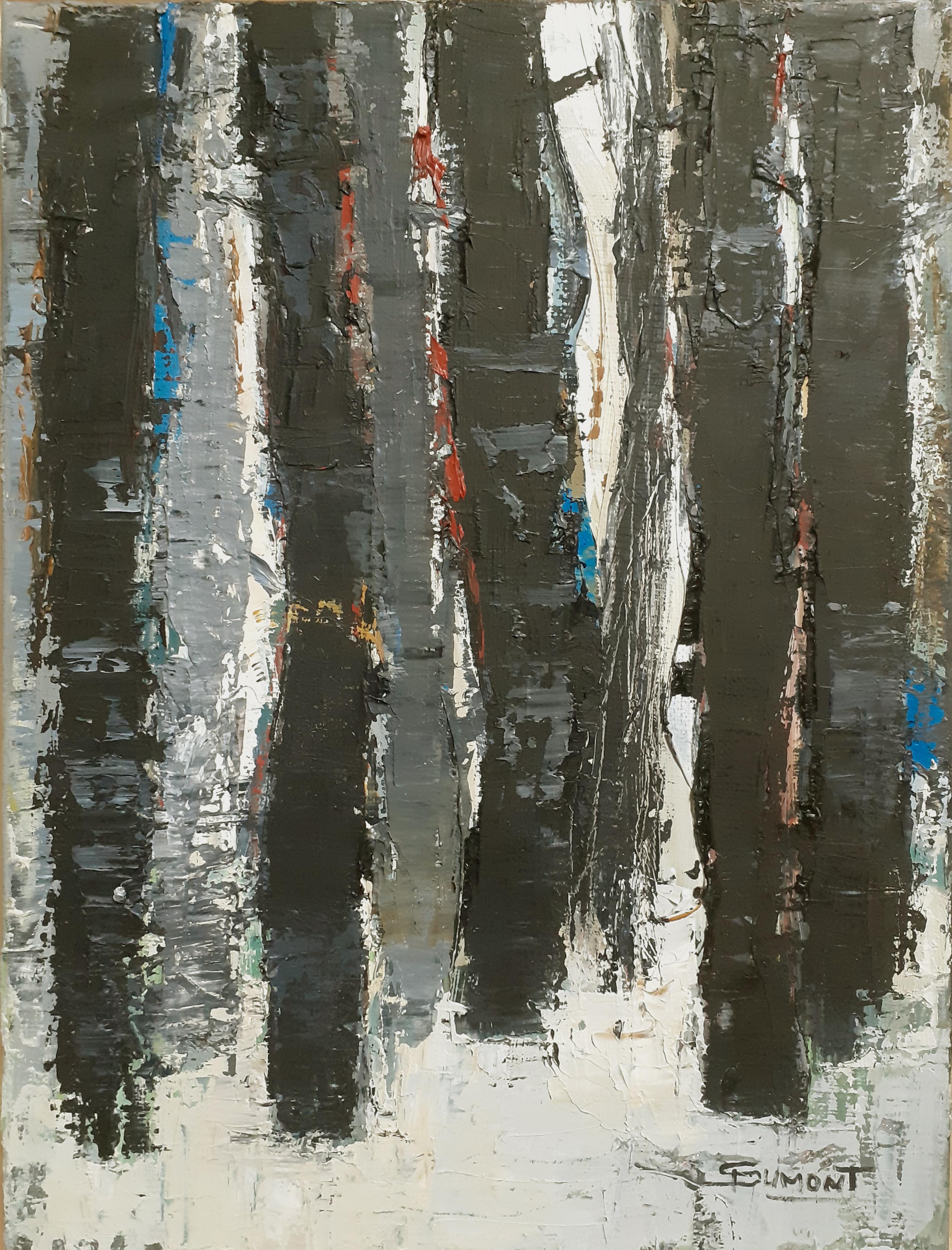 Sophie Dumont è sempre al limite tra astrazione e figurazione, questo quadro ne è la rappresentazione.
Lo sfondo è lavorato con diversi bianchi che mettono in risalto gli alberi.
Quadro astratto di alberi neri in una foresta oscura. Olio su tela di