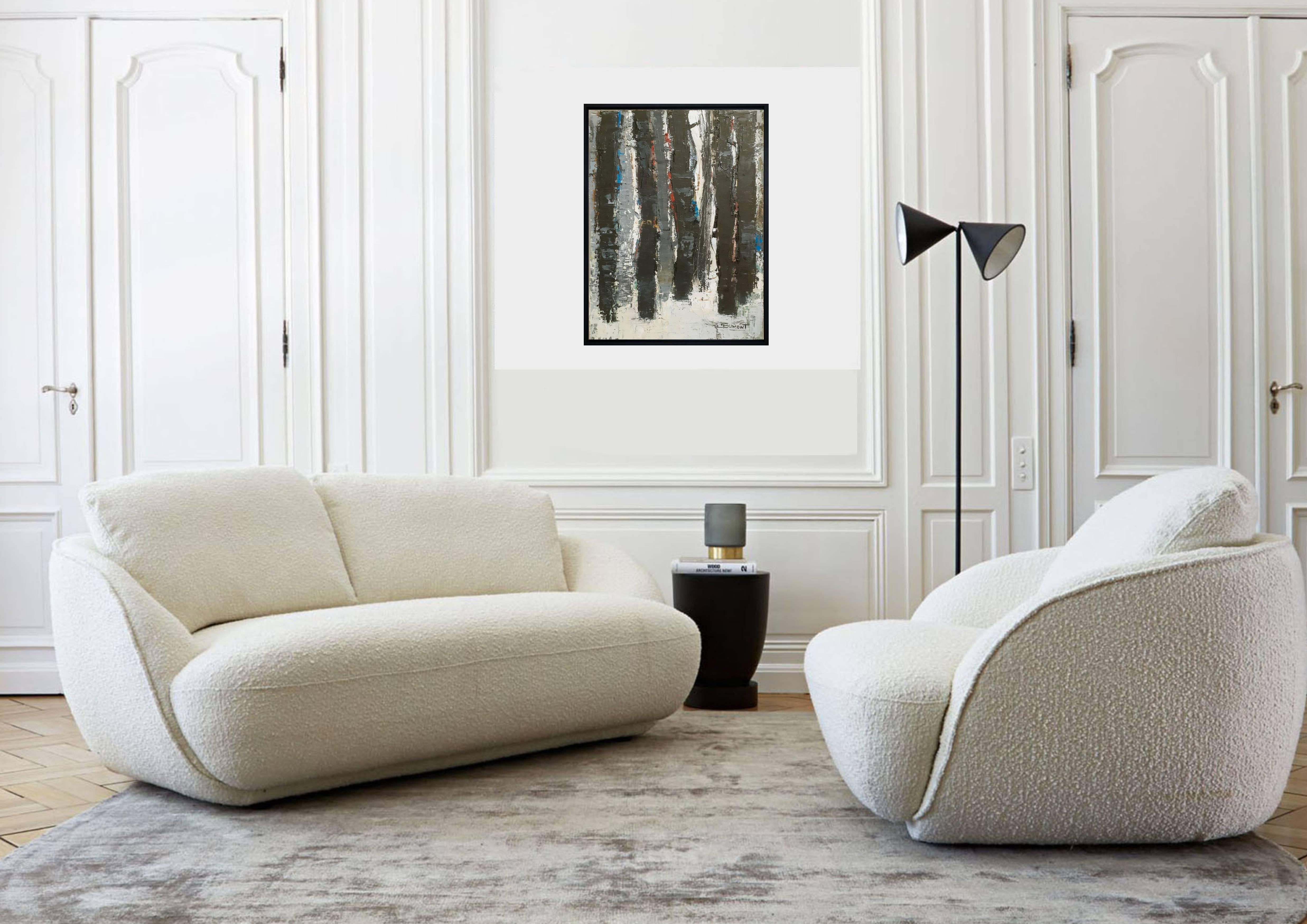 FORÊT PROFONDE, minimalisme abstrait, huile sur toile, expressionnisme, arbre noir en vente 7