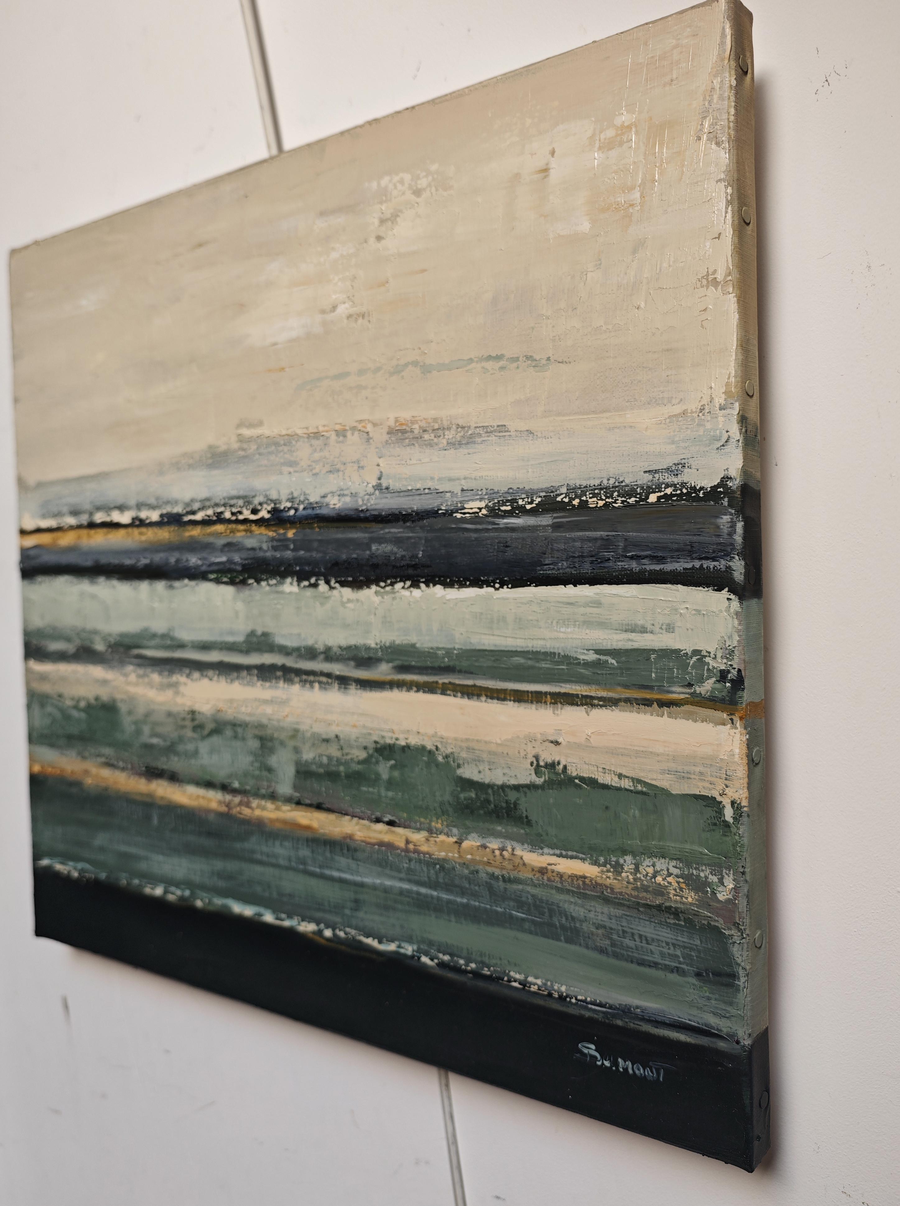 Distant Mists - Abstrakter Minimalismus, Ölgemälde, Meeresküste, Zeitgenössische Kunst (Grau), Abstract Painting, von SOPHIE DUMONT