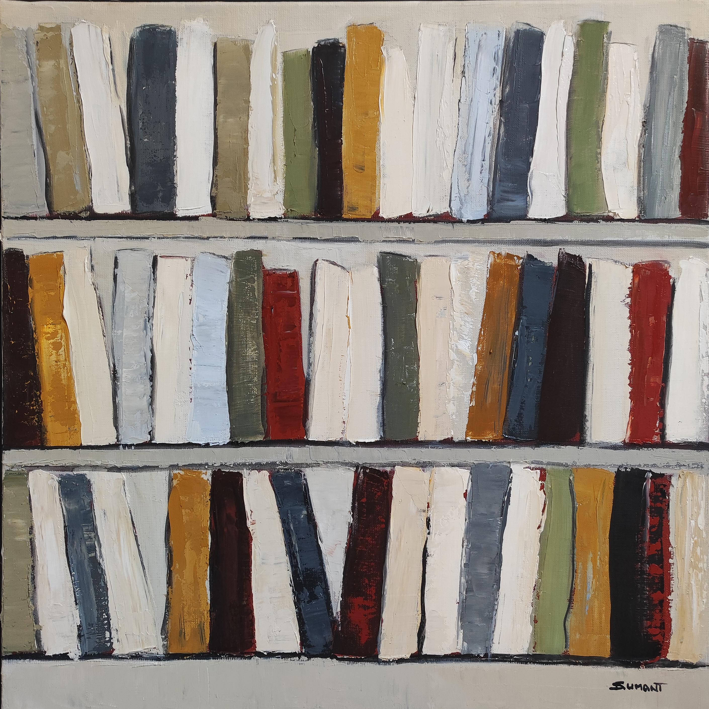 Echoes of Literatur,  Bibliothek, mehrfarbig abstrakt, Expressionismus, geometrisch (Abstrakter Expressionismus), Painting, von SOPHIE DUMONT