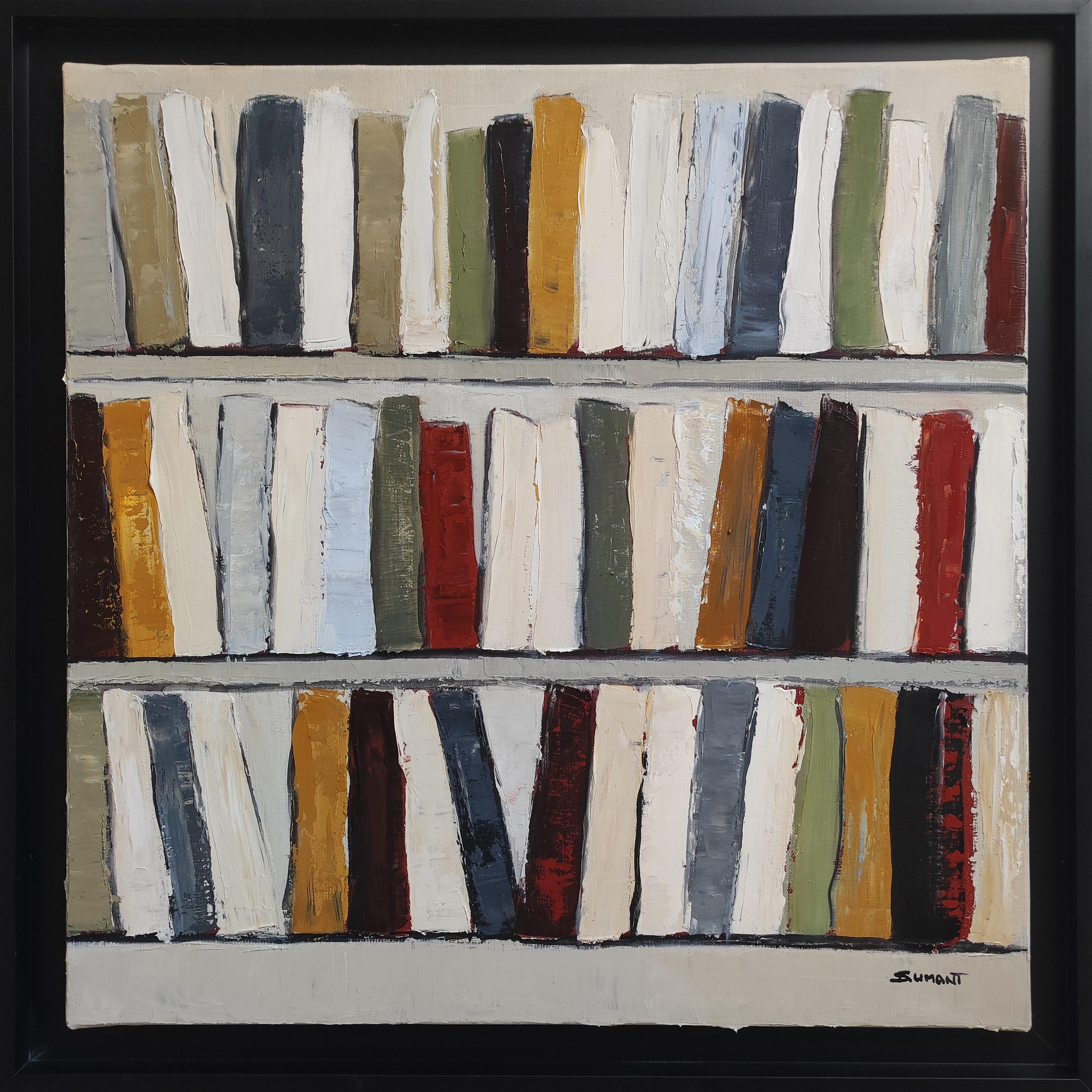 SOPHIE DUMONT Abstract Painting – Echoes of Literatur,  Bibliothek, mehrfarbig abstrakt, Expressionismus, geometrisch