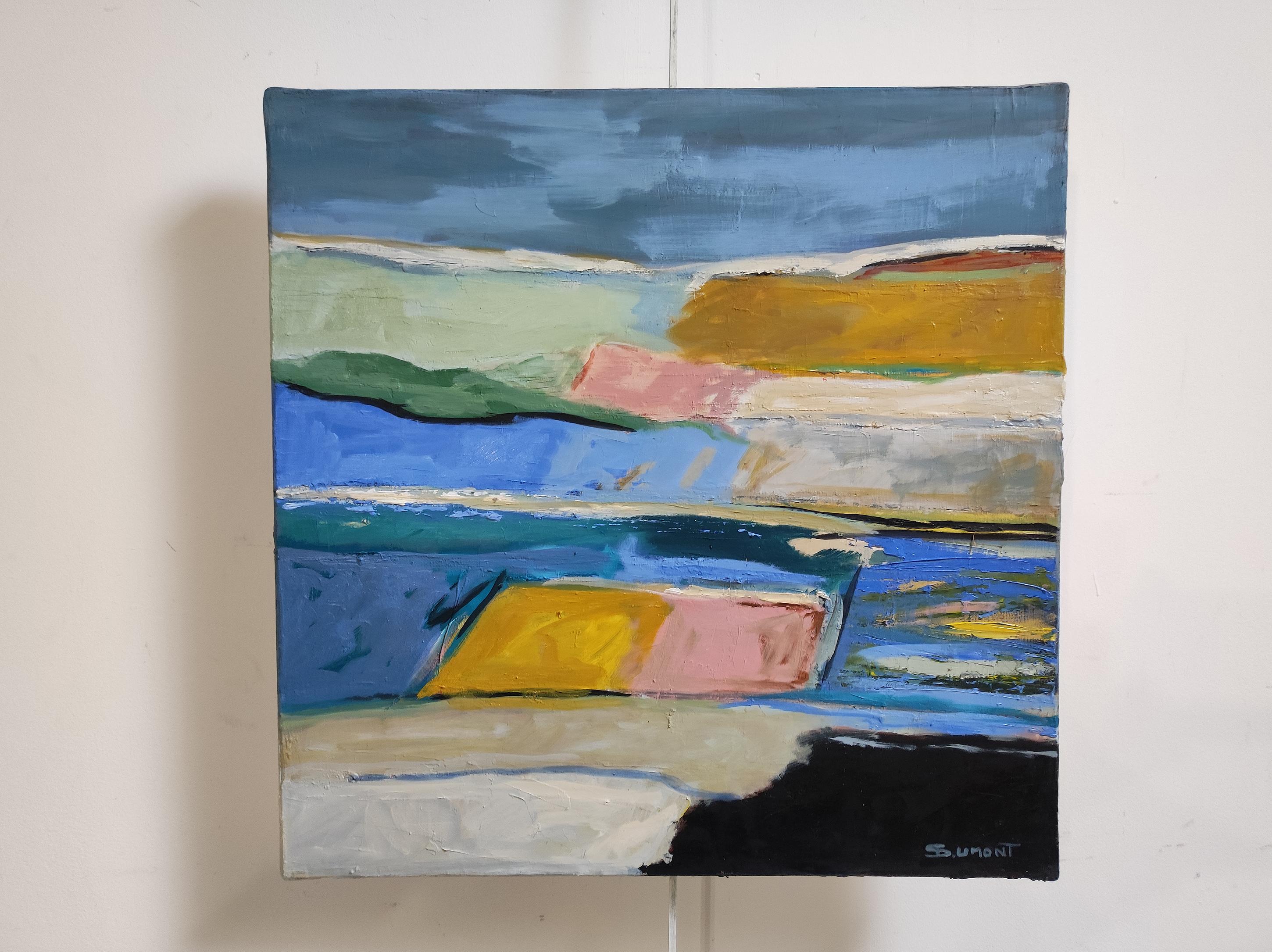 eclat printanier,  Paysage abstrait, huile, expressionnisme, multicolore, français - Gris Landscape Painting par SOPHIE DUMONT