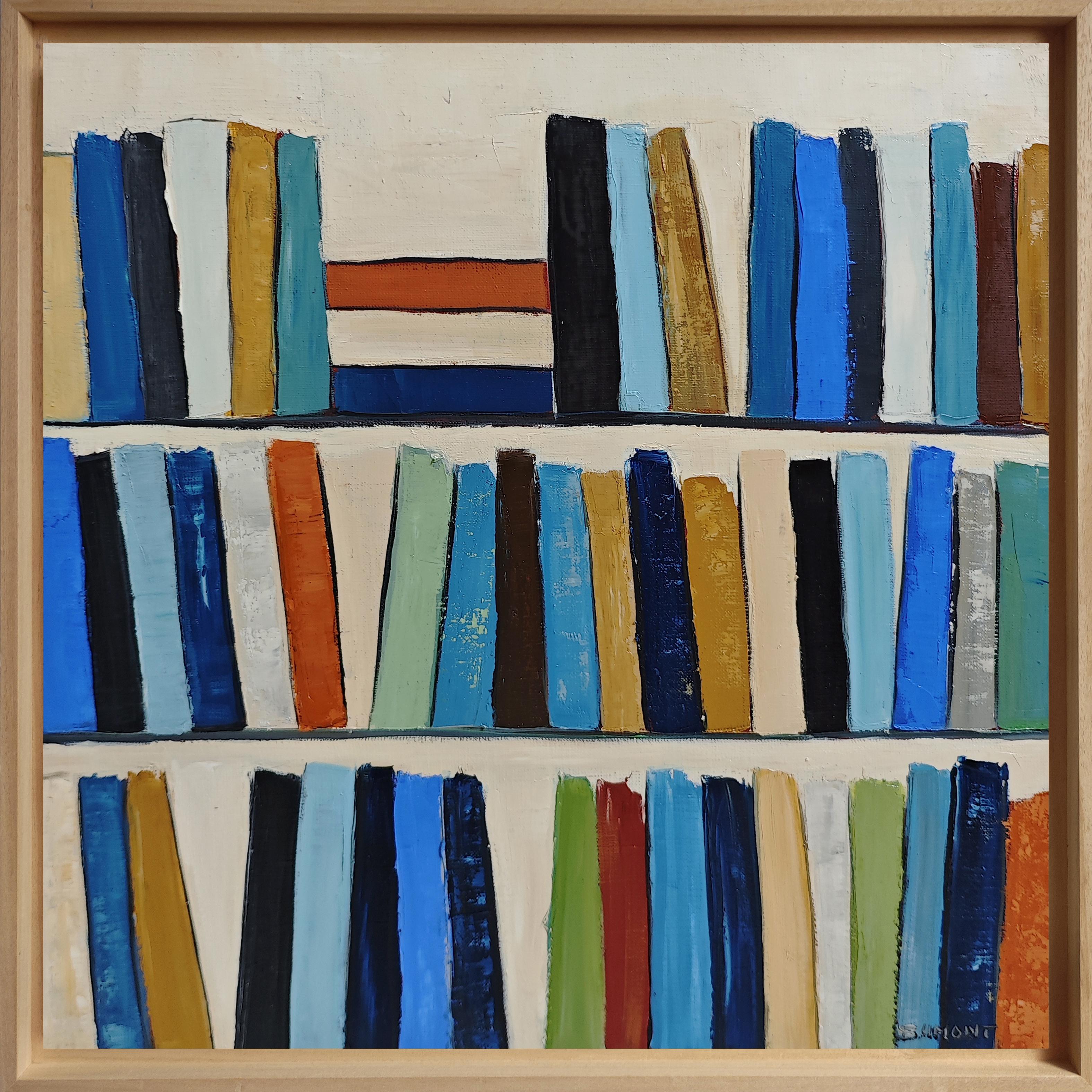 SOPHIE DUMONT Abstract Painting – Eloge de la lecture- Abstract library, textured painting, Oil on canvas