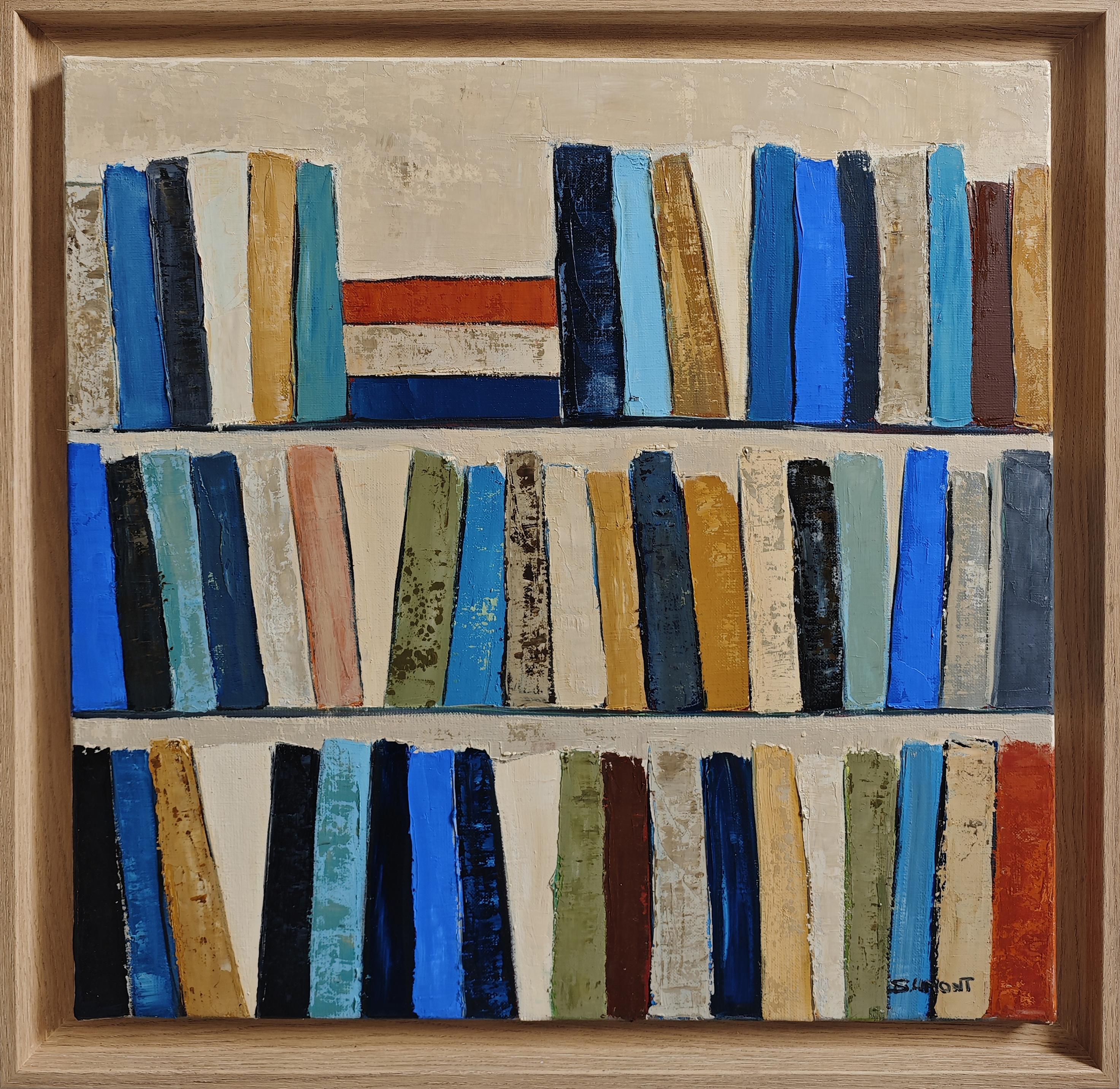Eloge de la lecture- Abstract library, textured painting, Oil on canvas