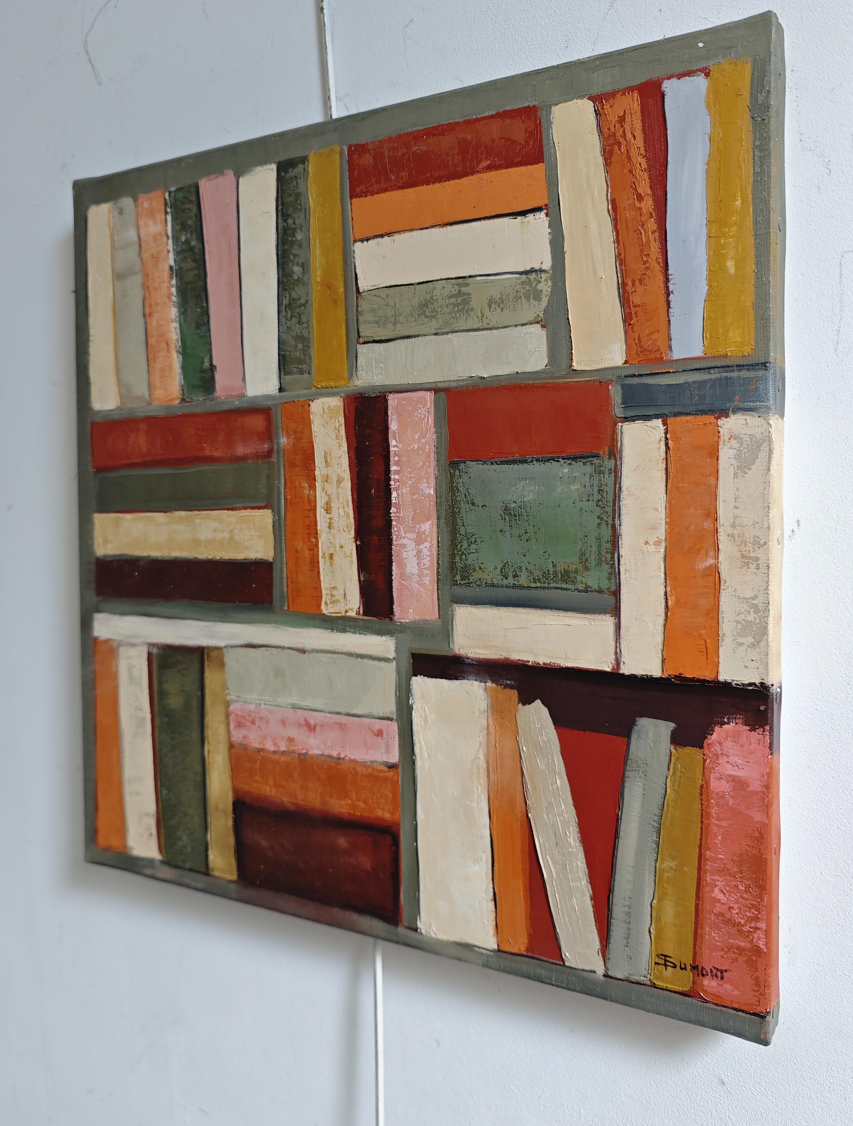 Abbraccio di libri - Biblioteca astratta, pittura strutturata, Olio su tela - Painting di SOPHIE DUMONT