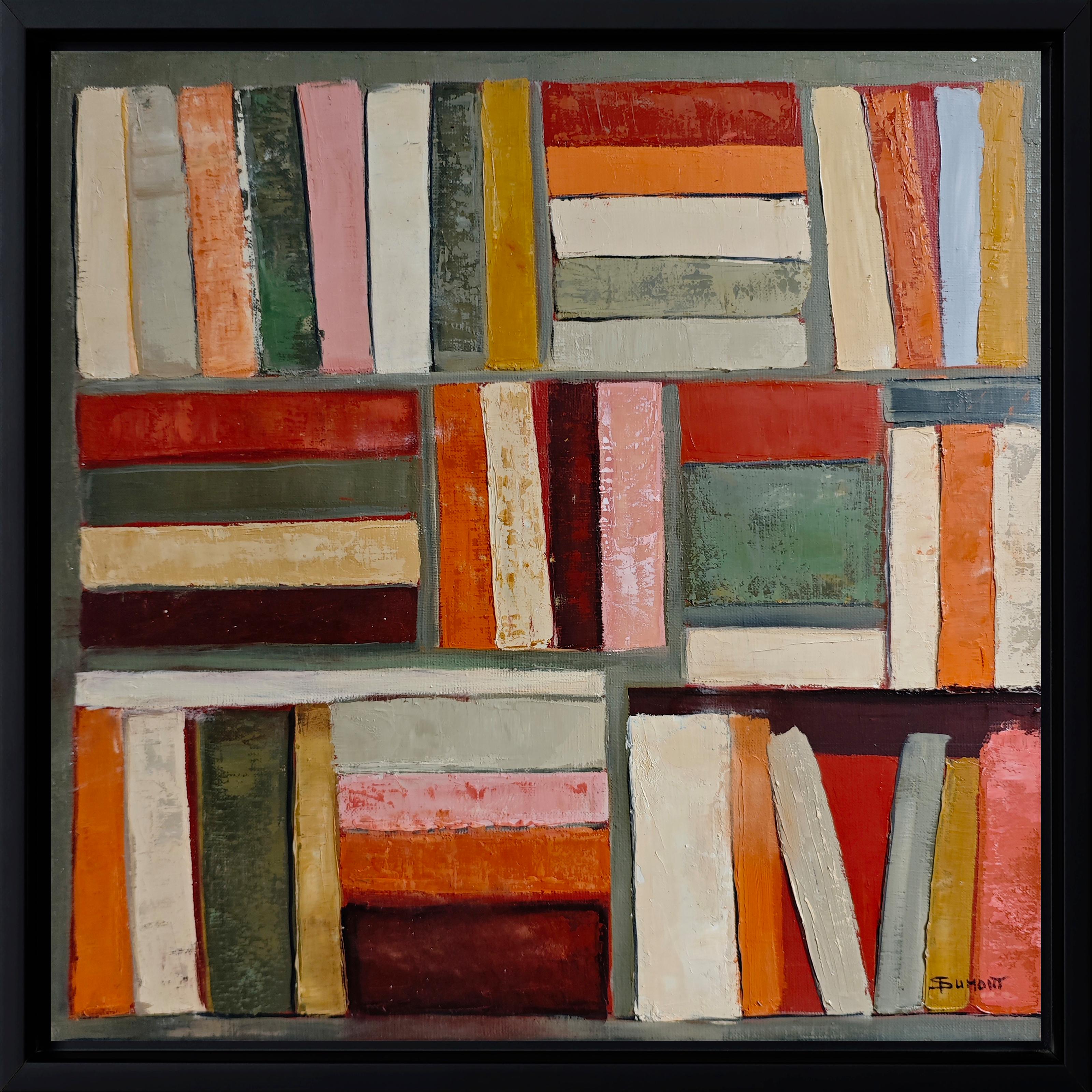 Abbraccio di libri - Biblioteca astratta, pittura strutturata, Olio su tela - Abstract Painting Marrone di SOPHIE DUMONT