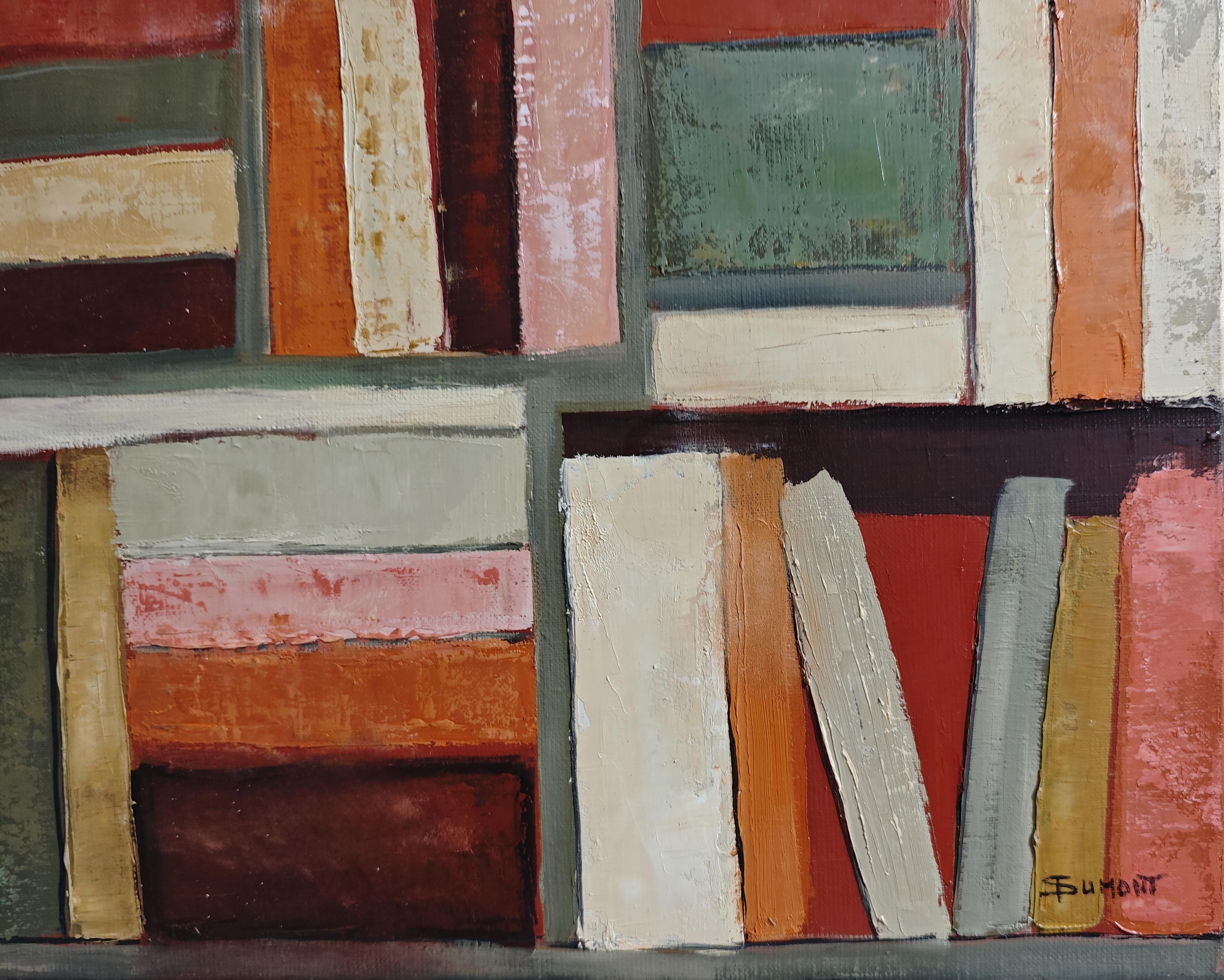 Abbraccio di libri - Biblioteca astratta, pittura strutturata, Olio su tela in vendita 3