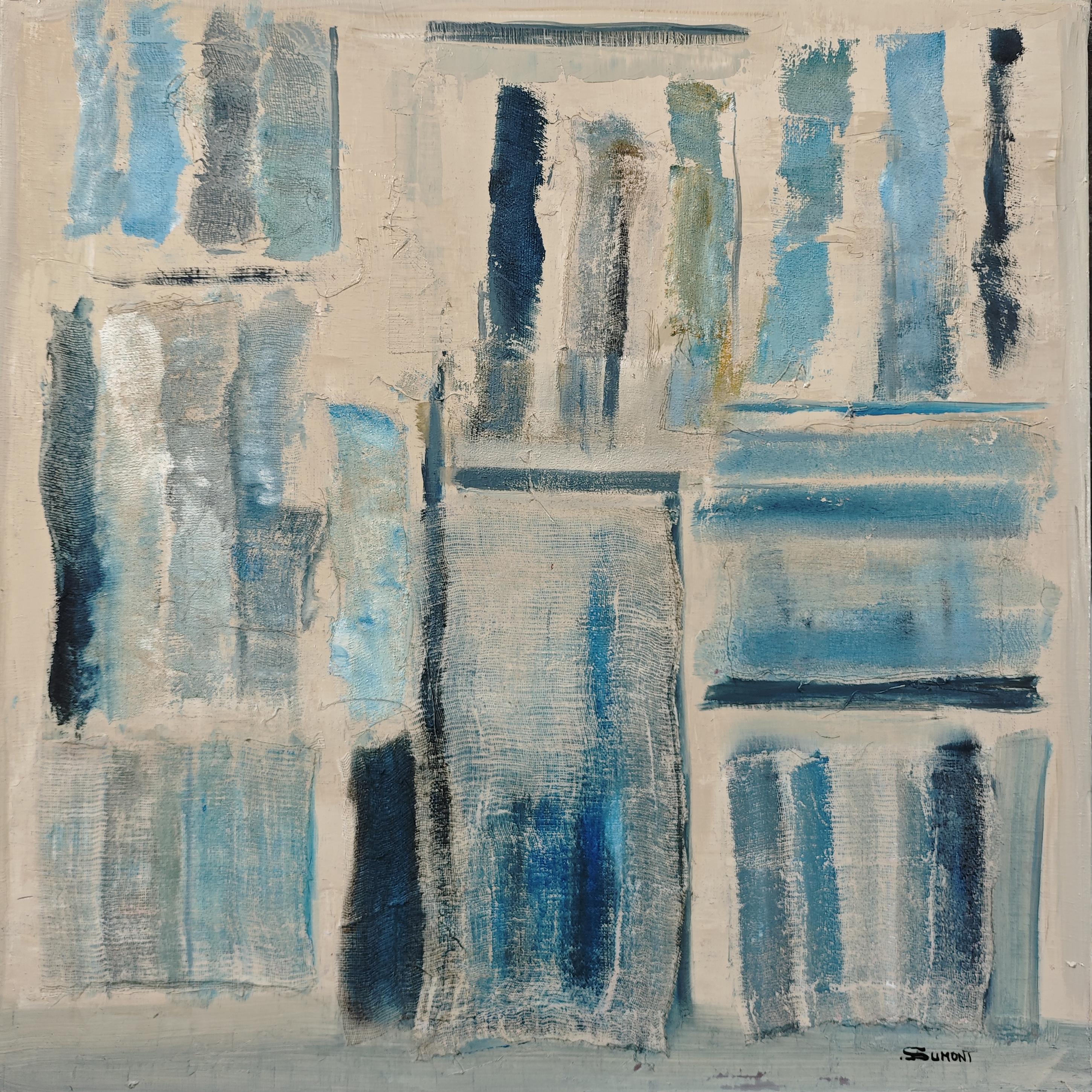 Empreintes, Astratto, biblioteca blu, Colori, Geometrico contemporaneo, Olio, Francese - Painting Espressionismo astratto di SOPHIE DUMONT
