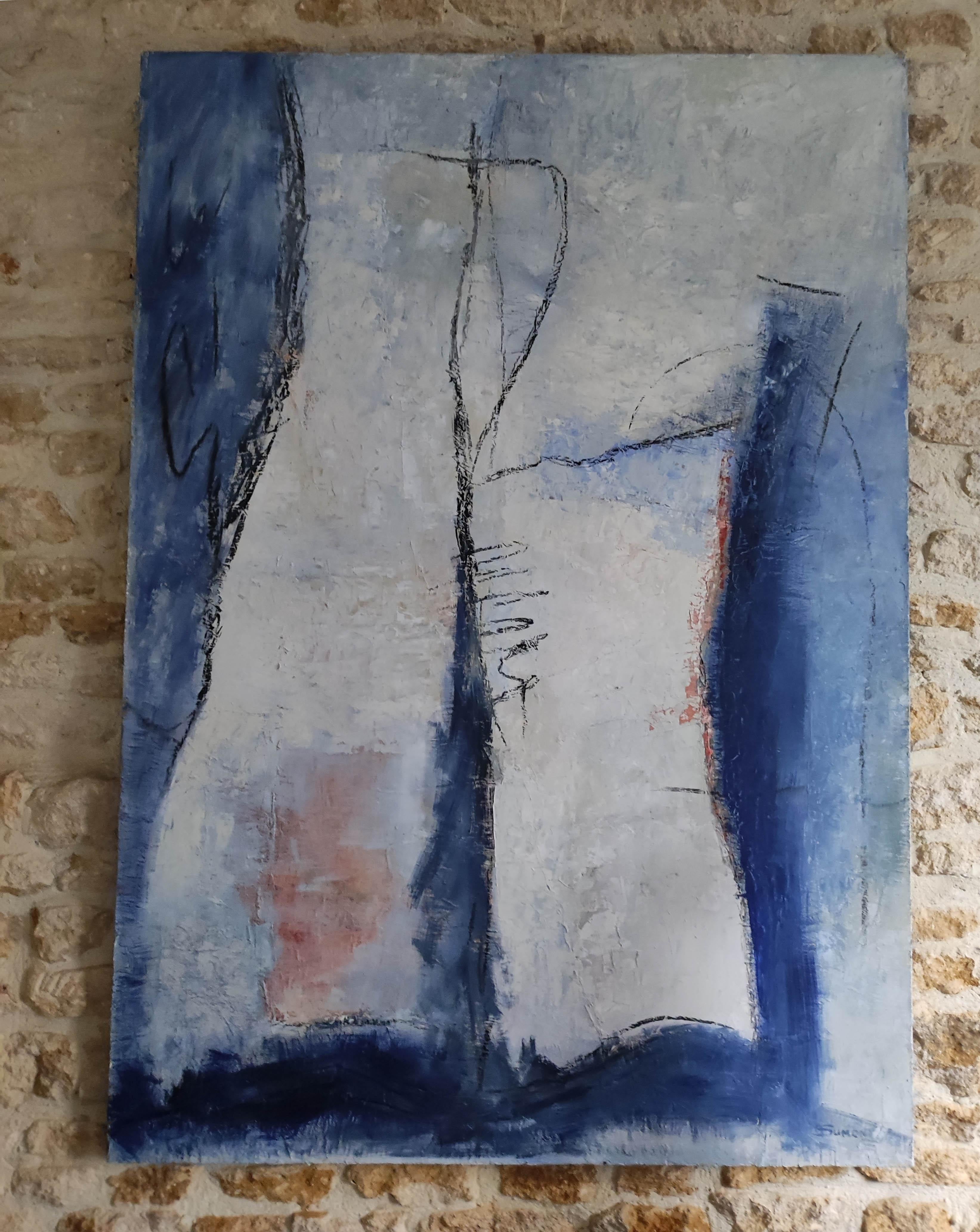 equilibre, abstrait bleu, expressionniste, nature morte, moderne, huile - Painting by SOPHIE DUMONT