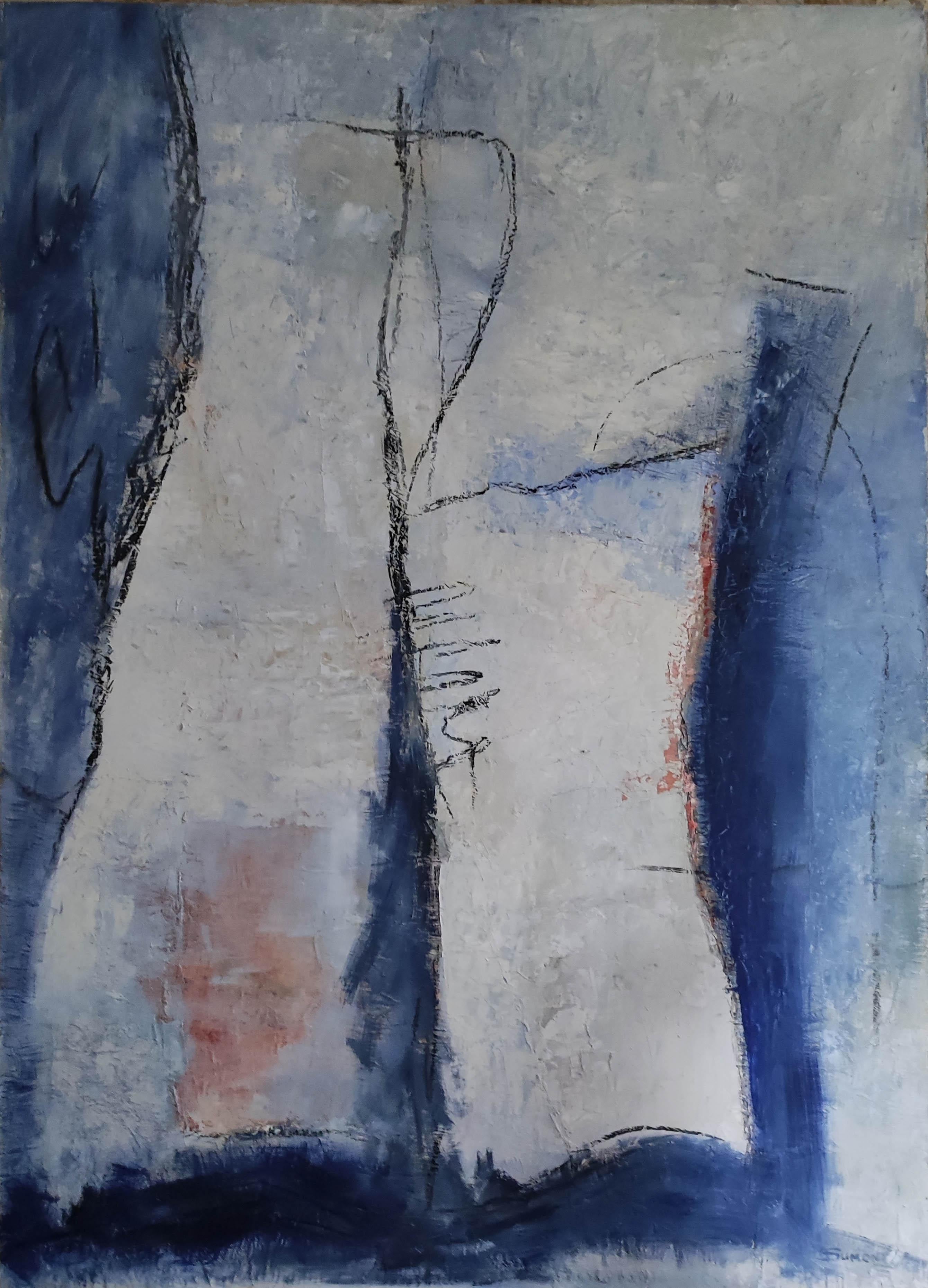 SOPHIE DUMONT Still-Life Painting - equilibre, abstrait bleu, expressionniste, nature morte, moderne, huile