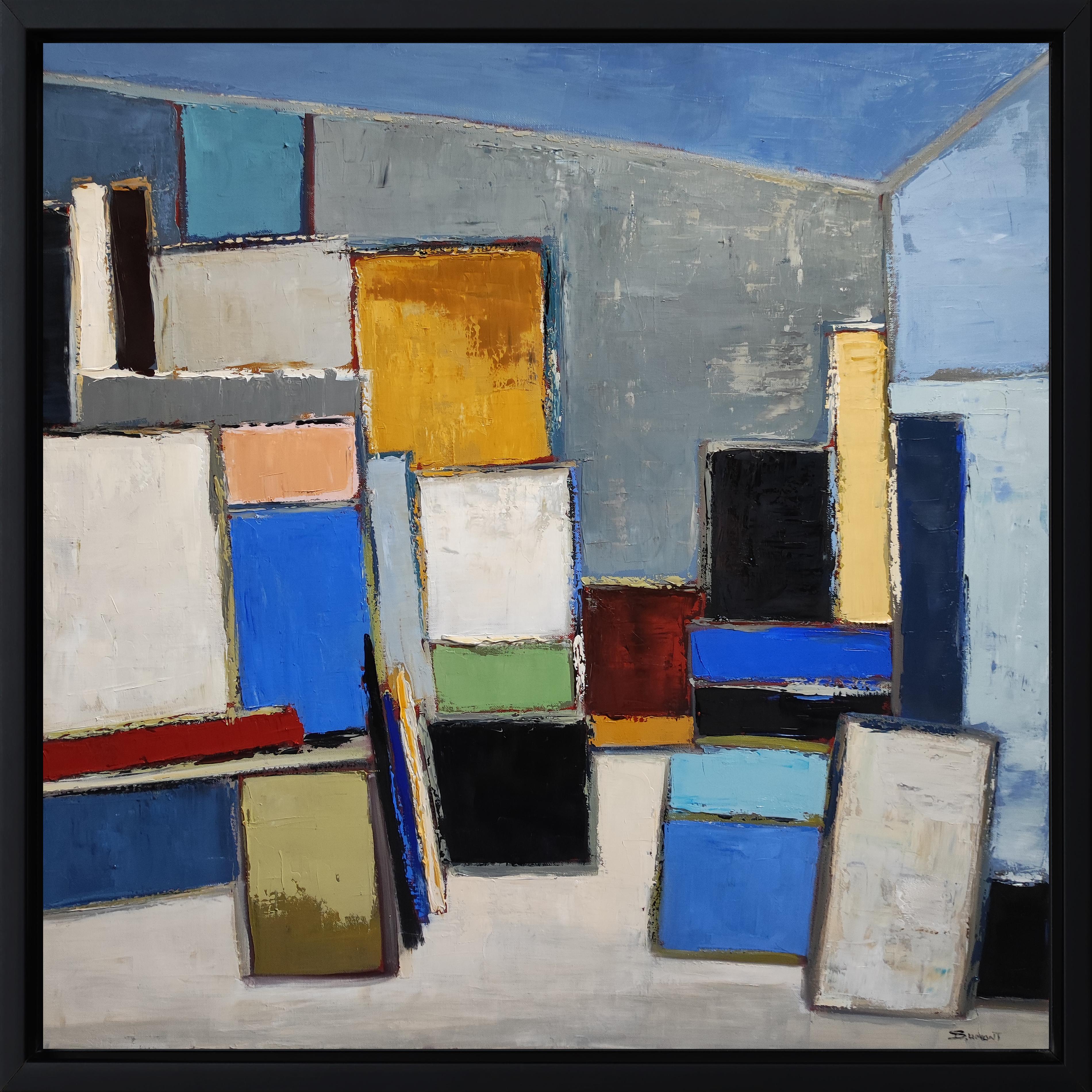 Essence creative, Studio A abstrait et géométrique, Multicolore, Contemporary Oil - Painting de SOPHIE DUMONT