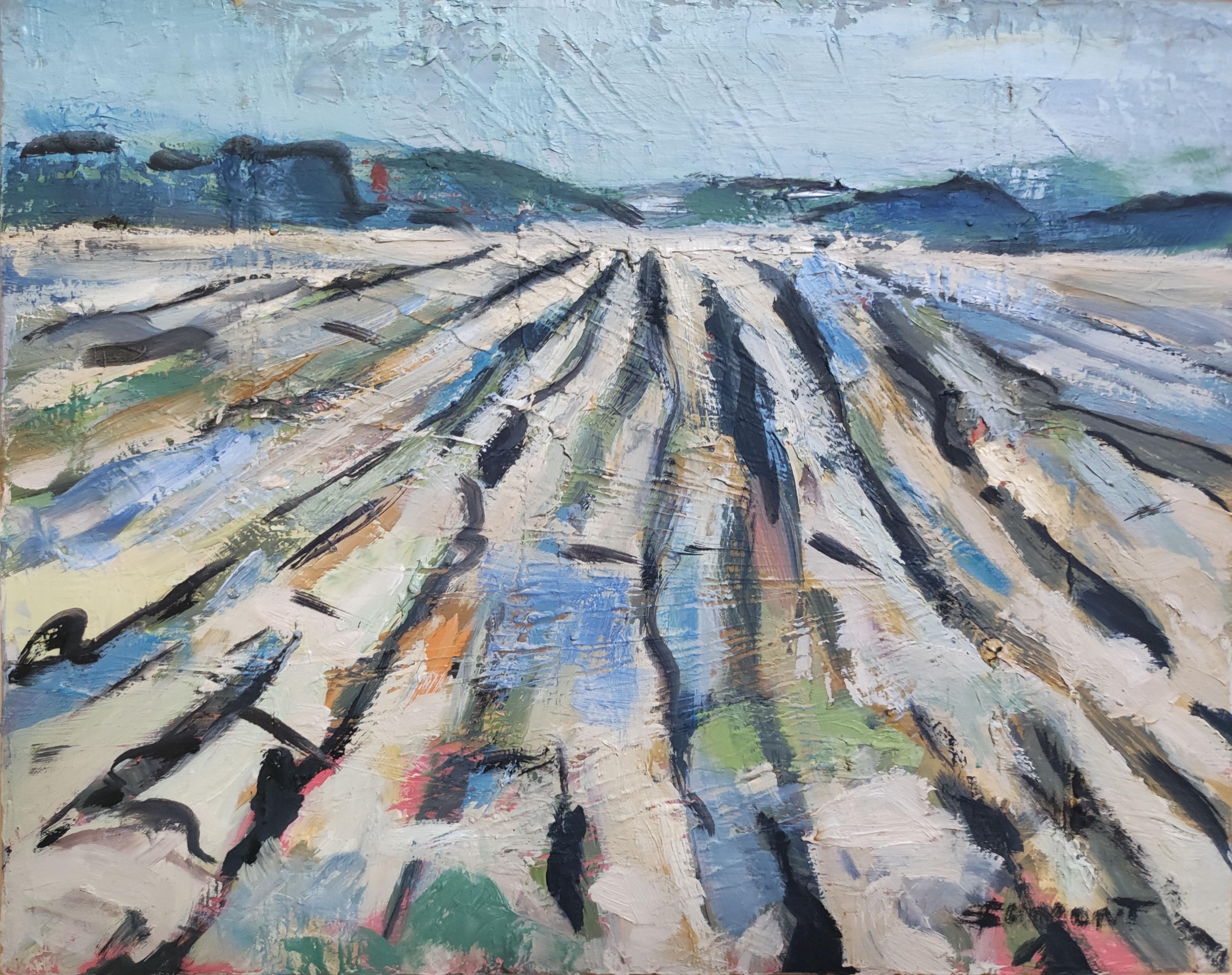 Evasion,  paysage abstrait,  champs, huile sur toile, bleu, expressionnisme - Expressionnisme abstrait Painting par SOPHIE DUMONT