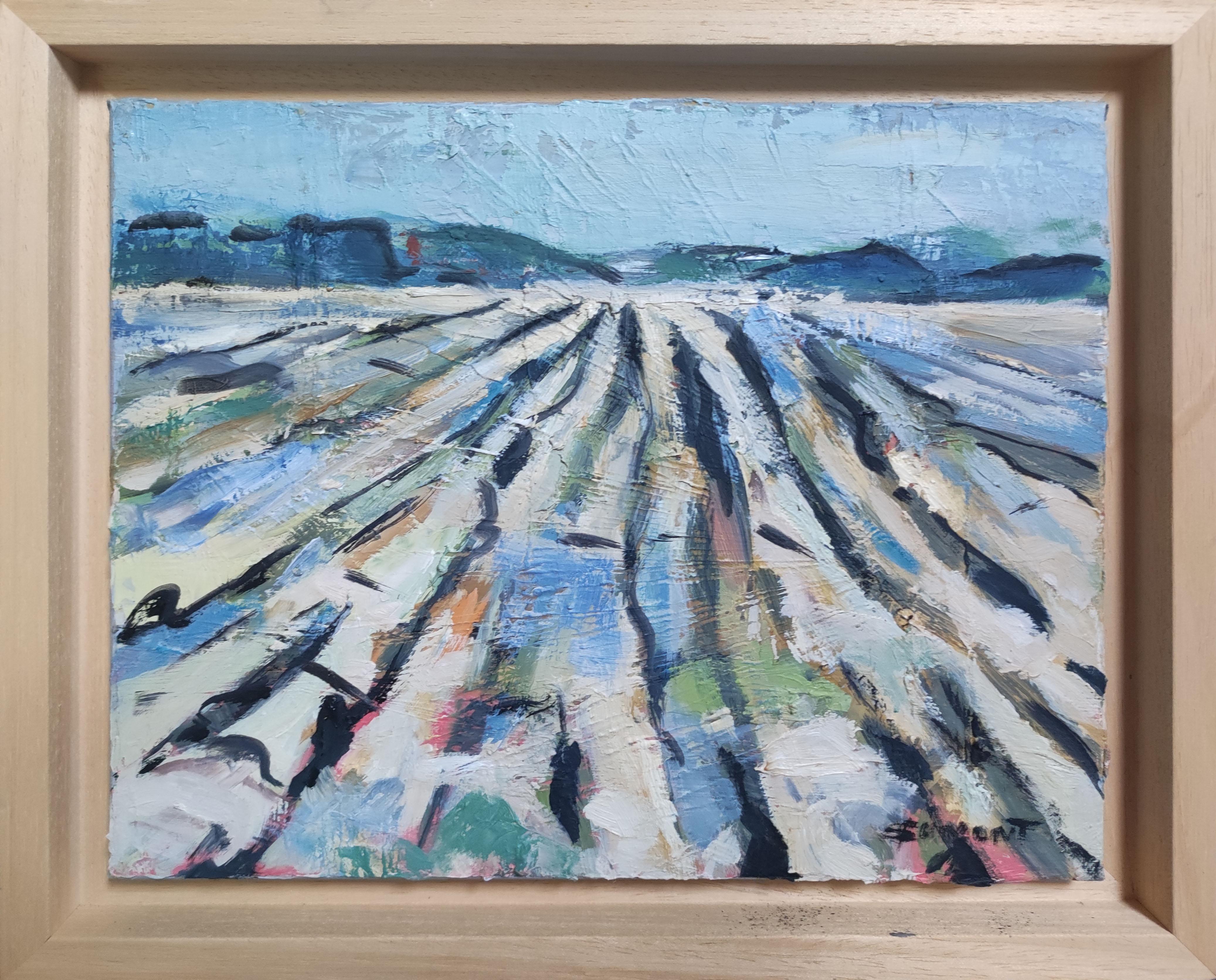 Evasion,  abstract landscape,  fields, oil on canvas, blue, expressionism