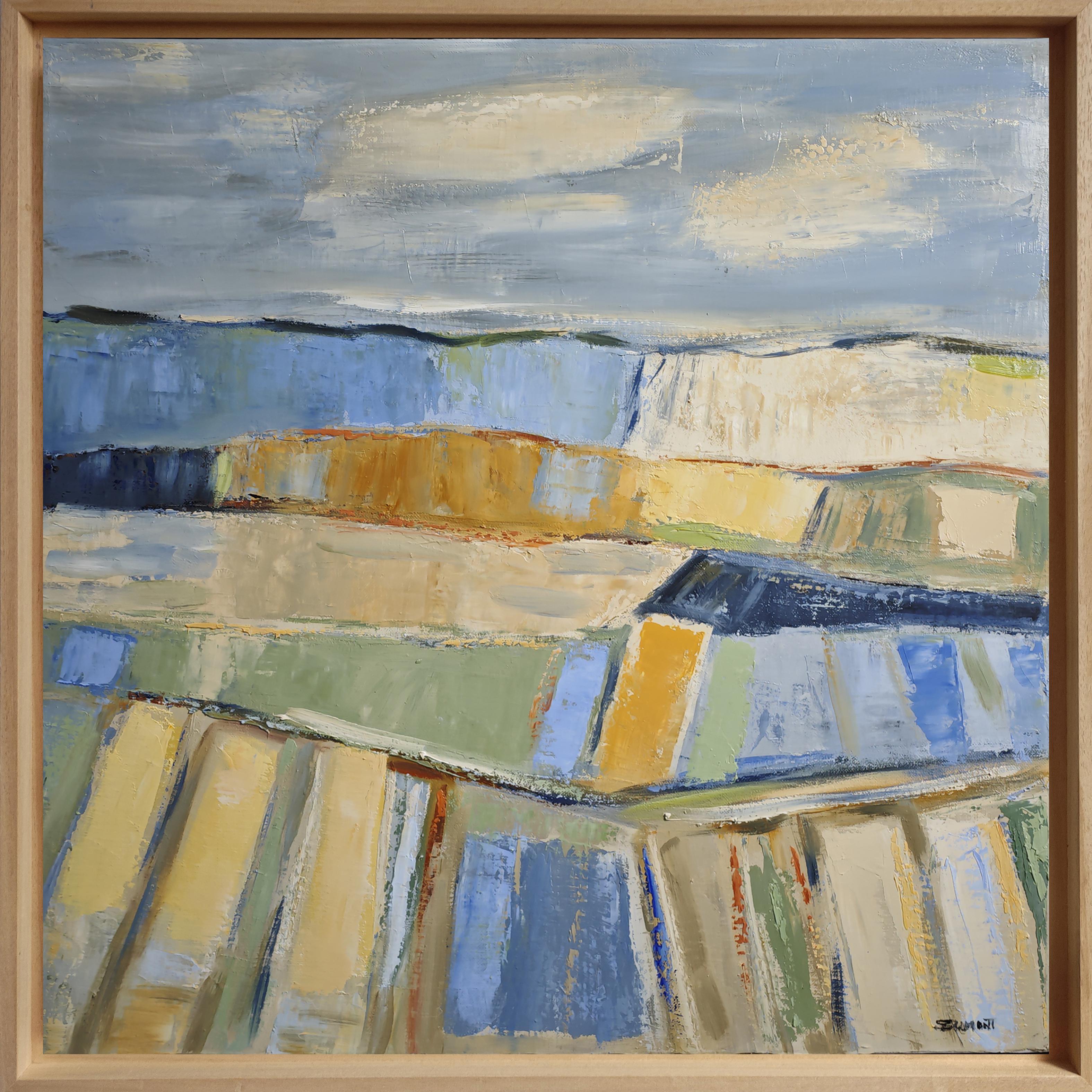 Eveil des collines, Paesaggio astratto, olio su tela, Composizione espressionista - Painting Astrattismo geometrico di SOPHIE DUMONT