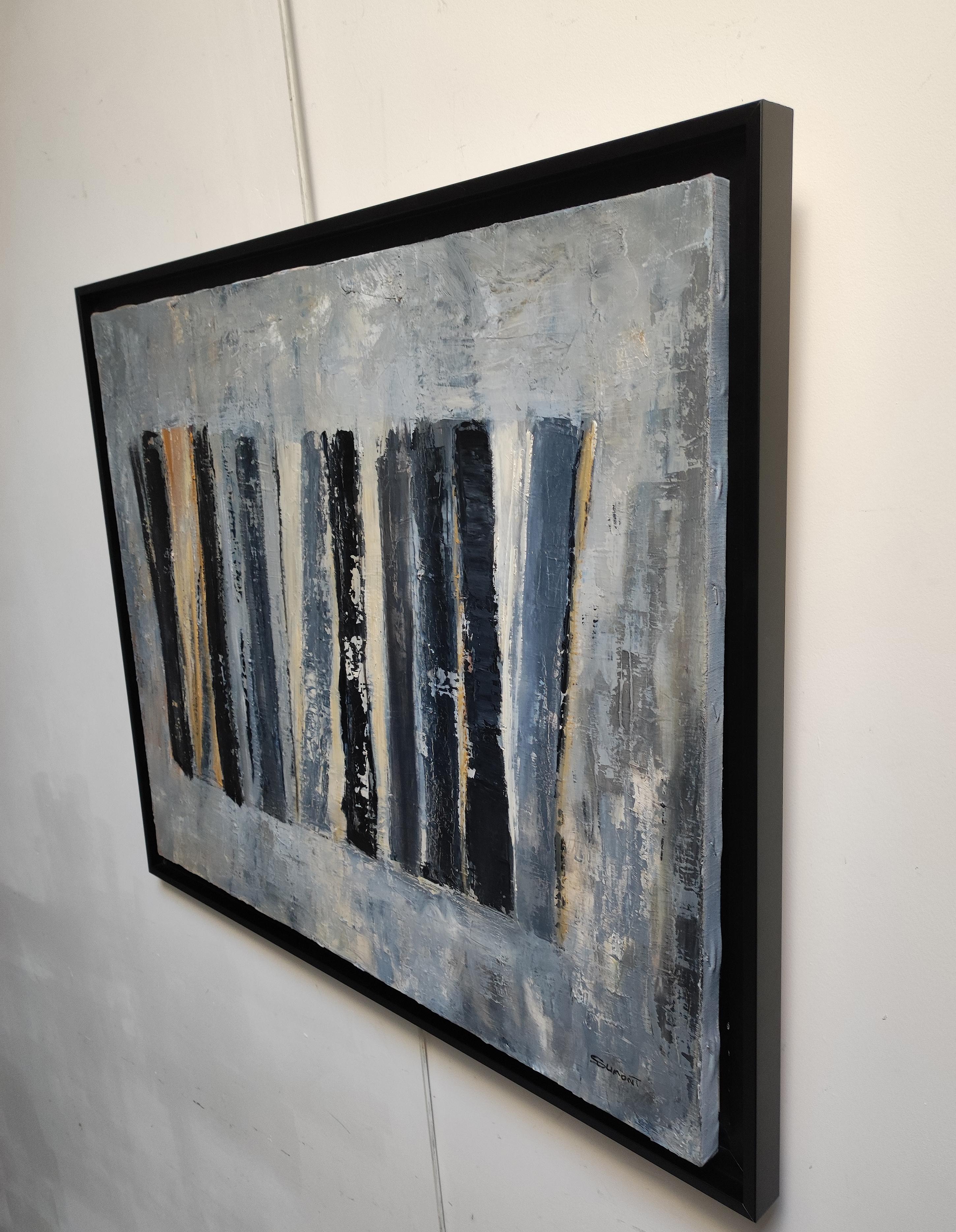 Each work contains its share of mystery, Worked in shades of blue gray we can guess books arranged flat in a library. The spectator remains free of his interpretation by seeing books or an abstract canvas. Worked in oil and knife, the subject ends