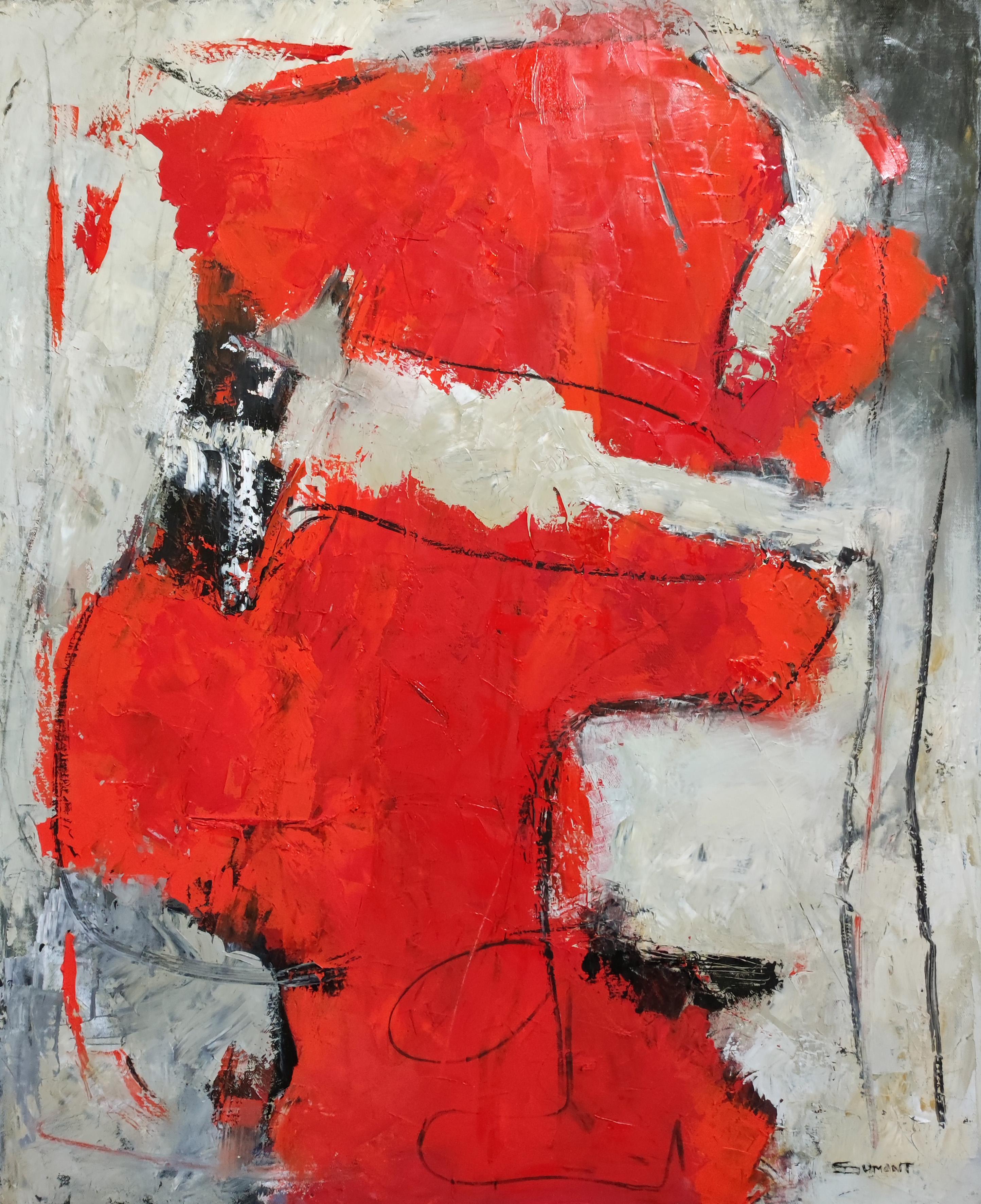 fantasia, red abstract, oil on canvas, expressionism, contempory art, modern - Painting by SOPHIE DUMONT
