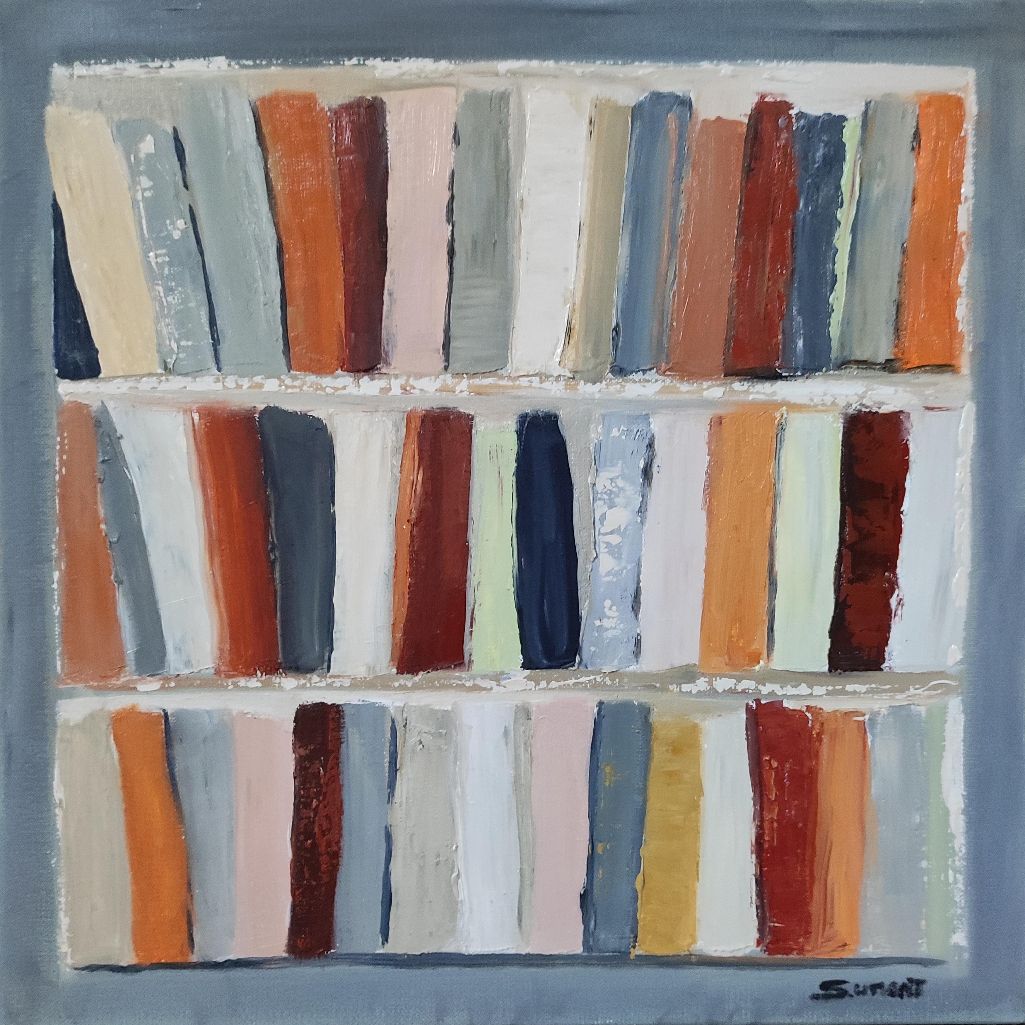 Fantasie, Bibliothek, abstrakt, farbig, Öl auf Leinwand, Expressionismus, geometrisch – Painting von SOPHIE DUMONT