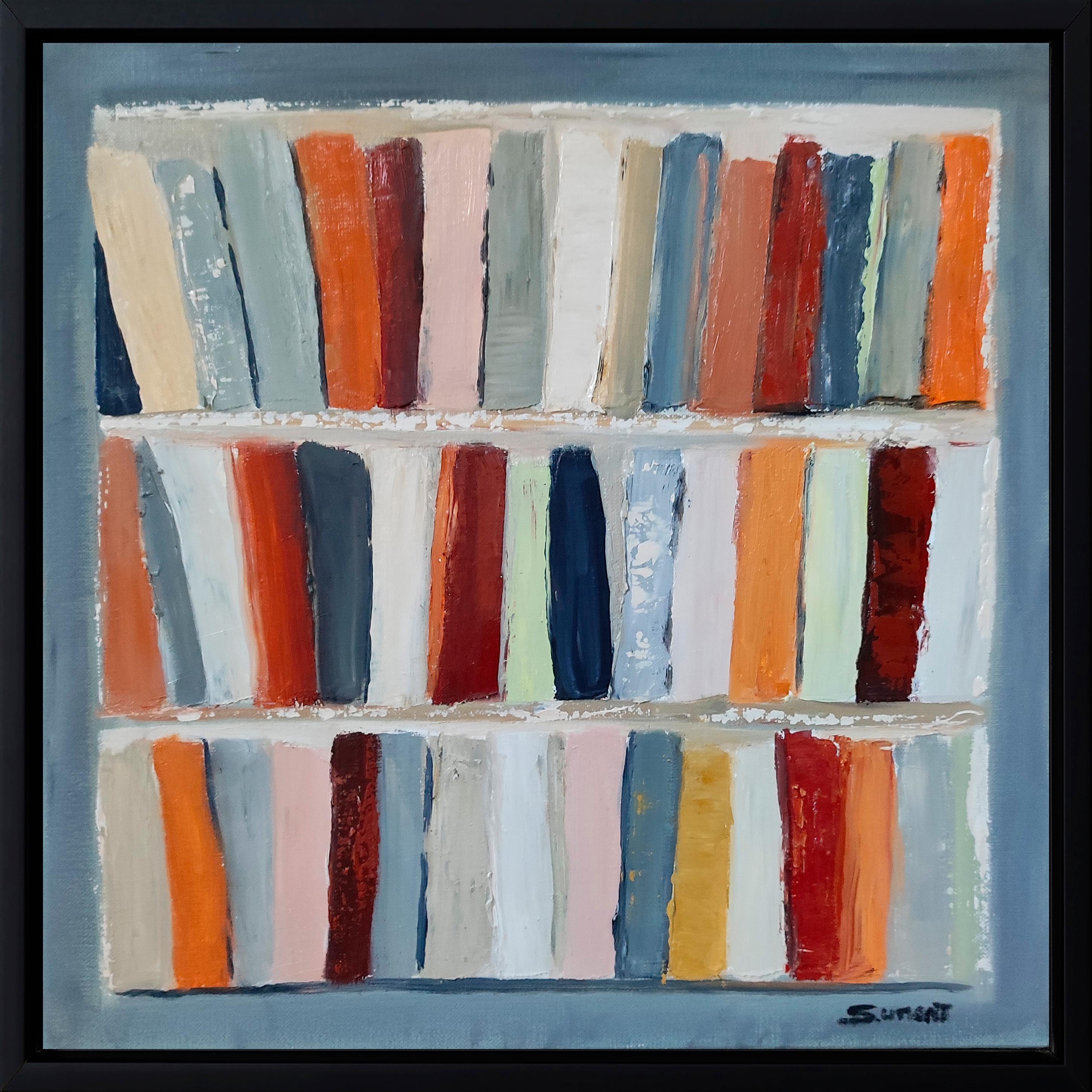 SOPHIE DUMONT Still-Life Painting – Fantasie, Bibliothek, abstrakt, farbig, Öl auf Leinwand, Expressionismus, geometrisch
