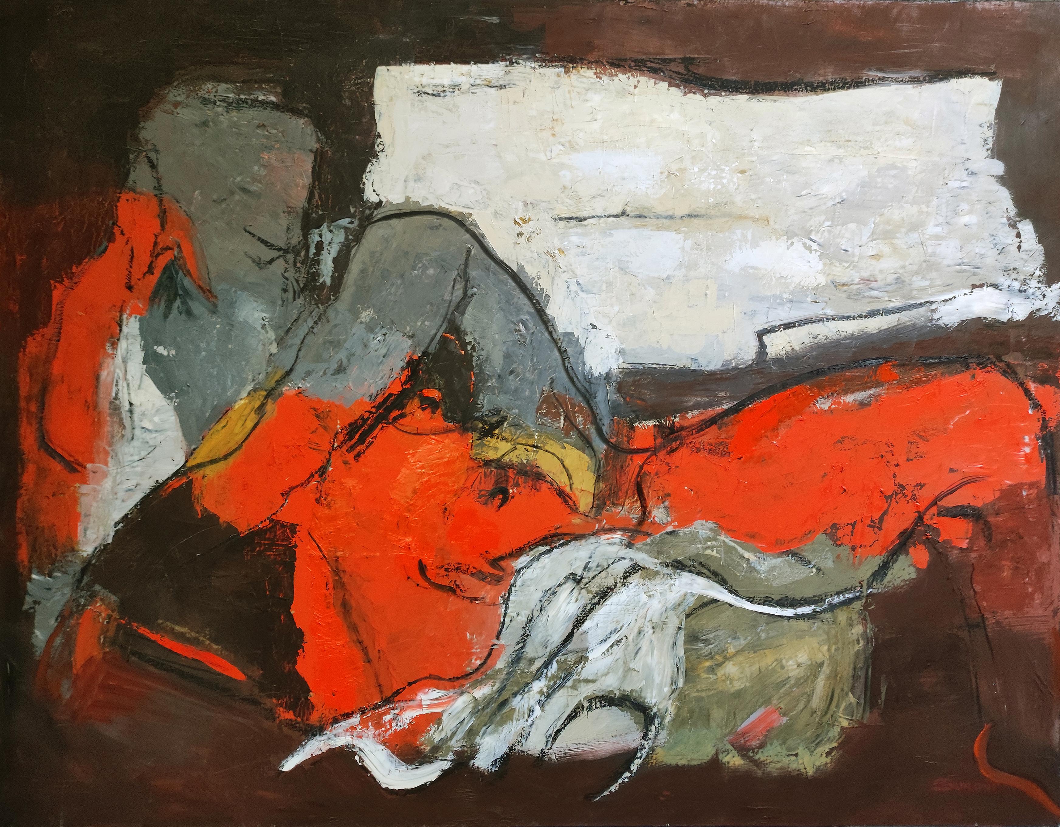 Nude Painting SOPHIE DUMONT - Felicité, nu abstrait, contemporain, huile sur toile, rouge, expressionnisme