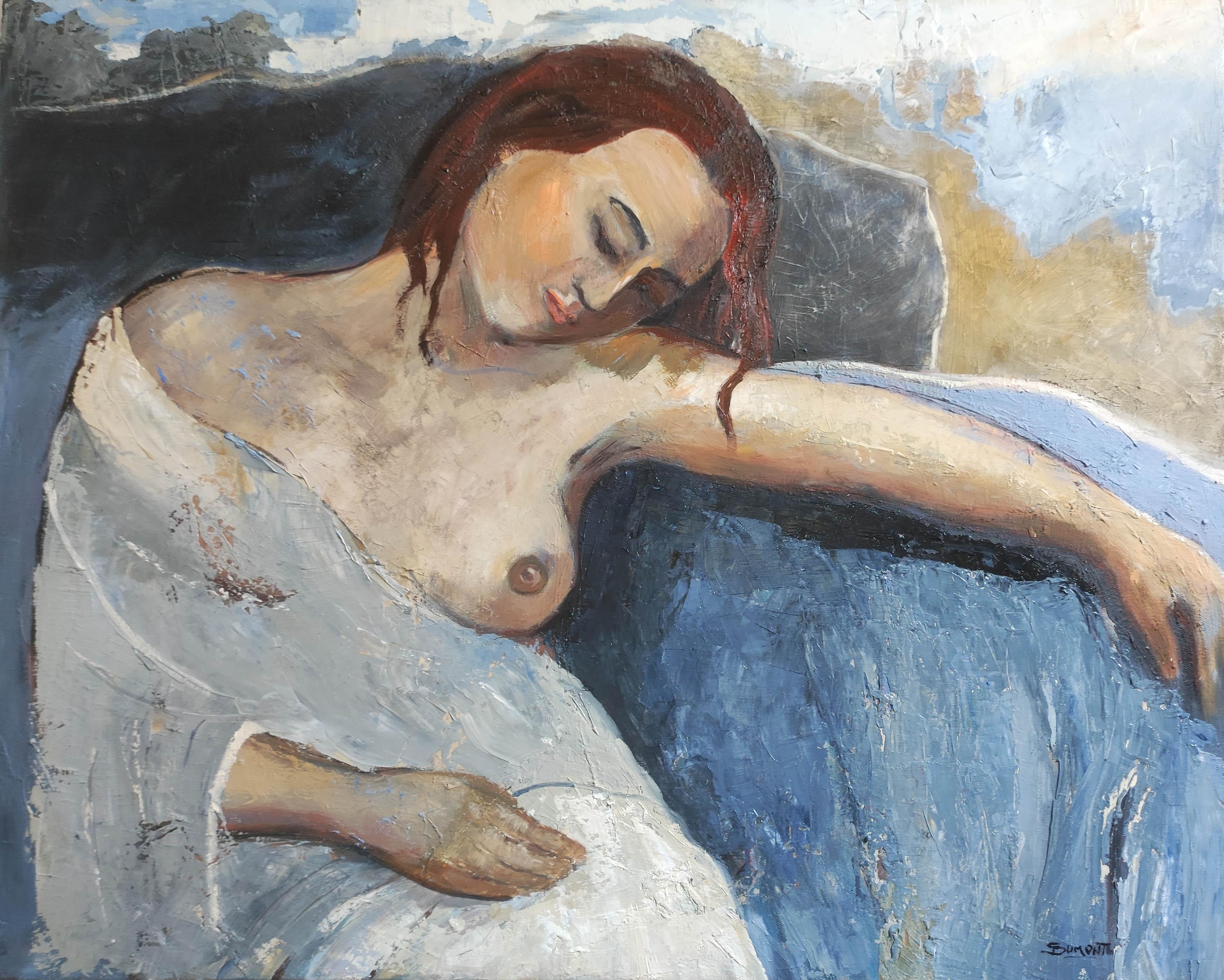 feminnity, blue nude woman, oil on canvas, figurative, contempory painting - Painting by SOPHIE DUMONT