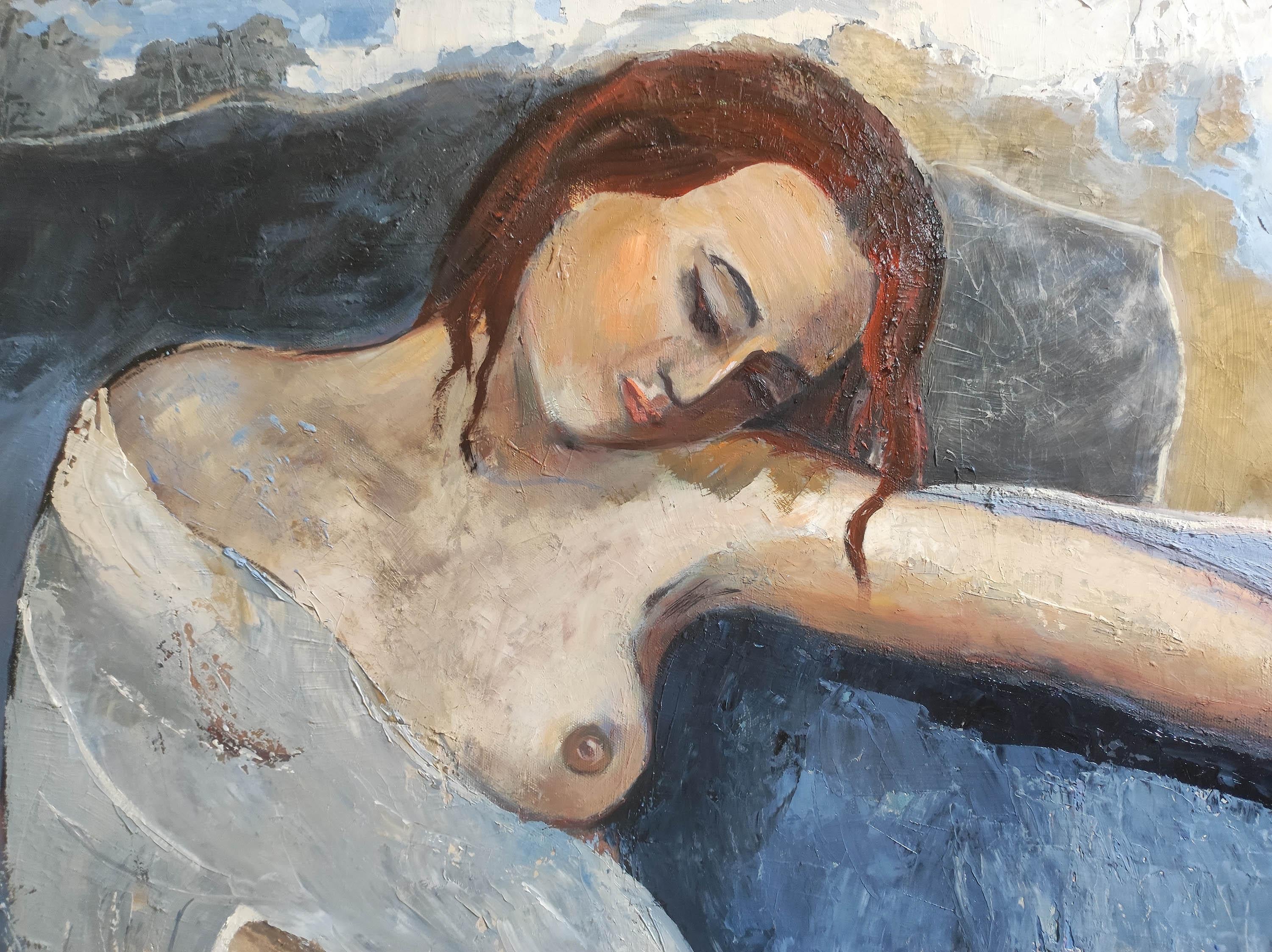 feminnity, blue nude woman, oil on canvas, figurative, contempory painting - Expressionist Painting by SOPHIE DUMONT