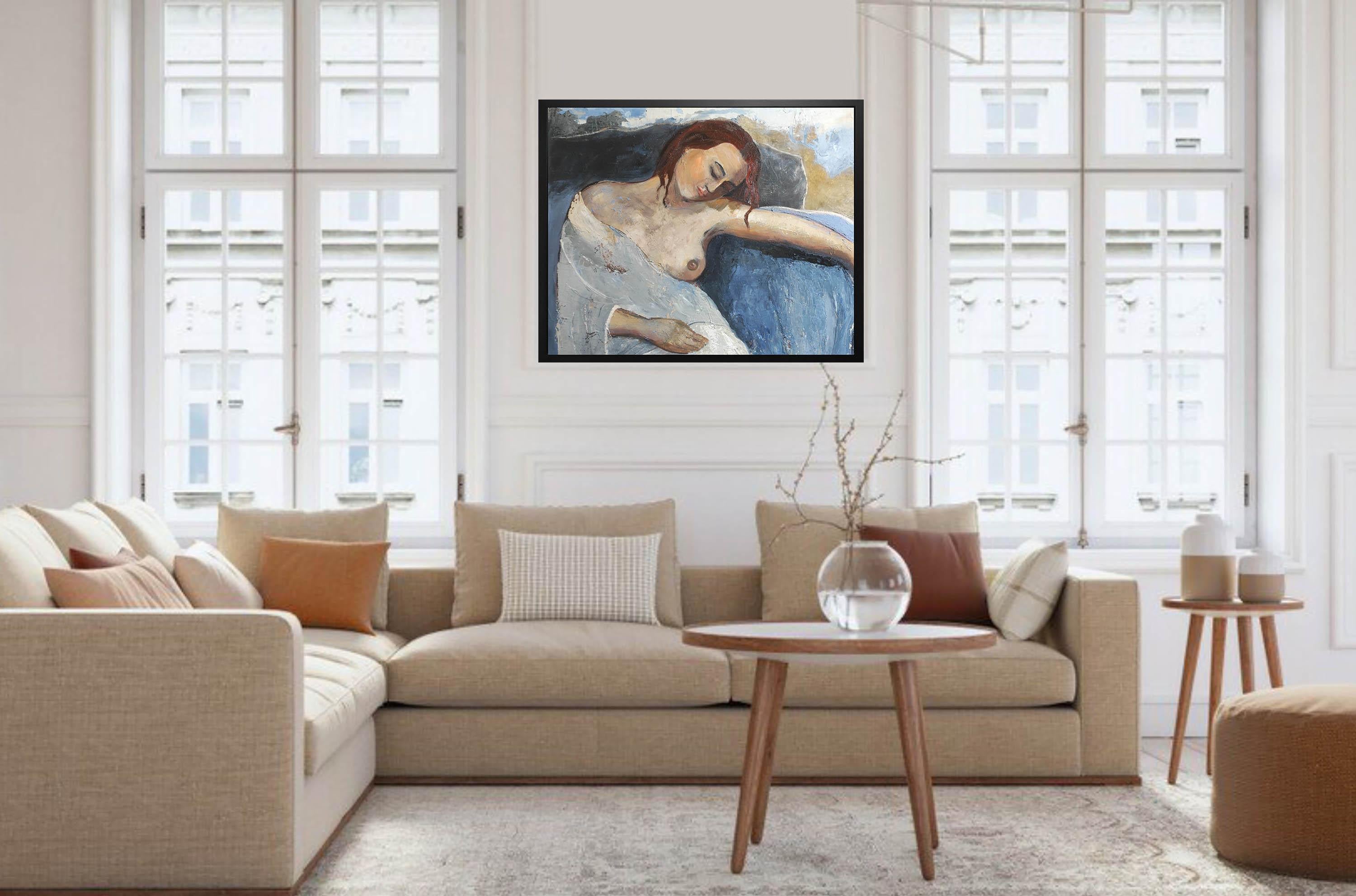 The body is a wordless poetry that painting brings to life.
portrait of a seated woman, bare breasts and a white drape over her thighs. the woman is asleep and the painting inspires calm and serenity, the colors of the body are warm and are offset