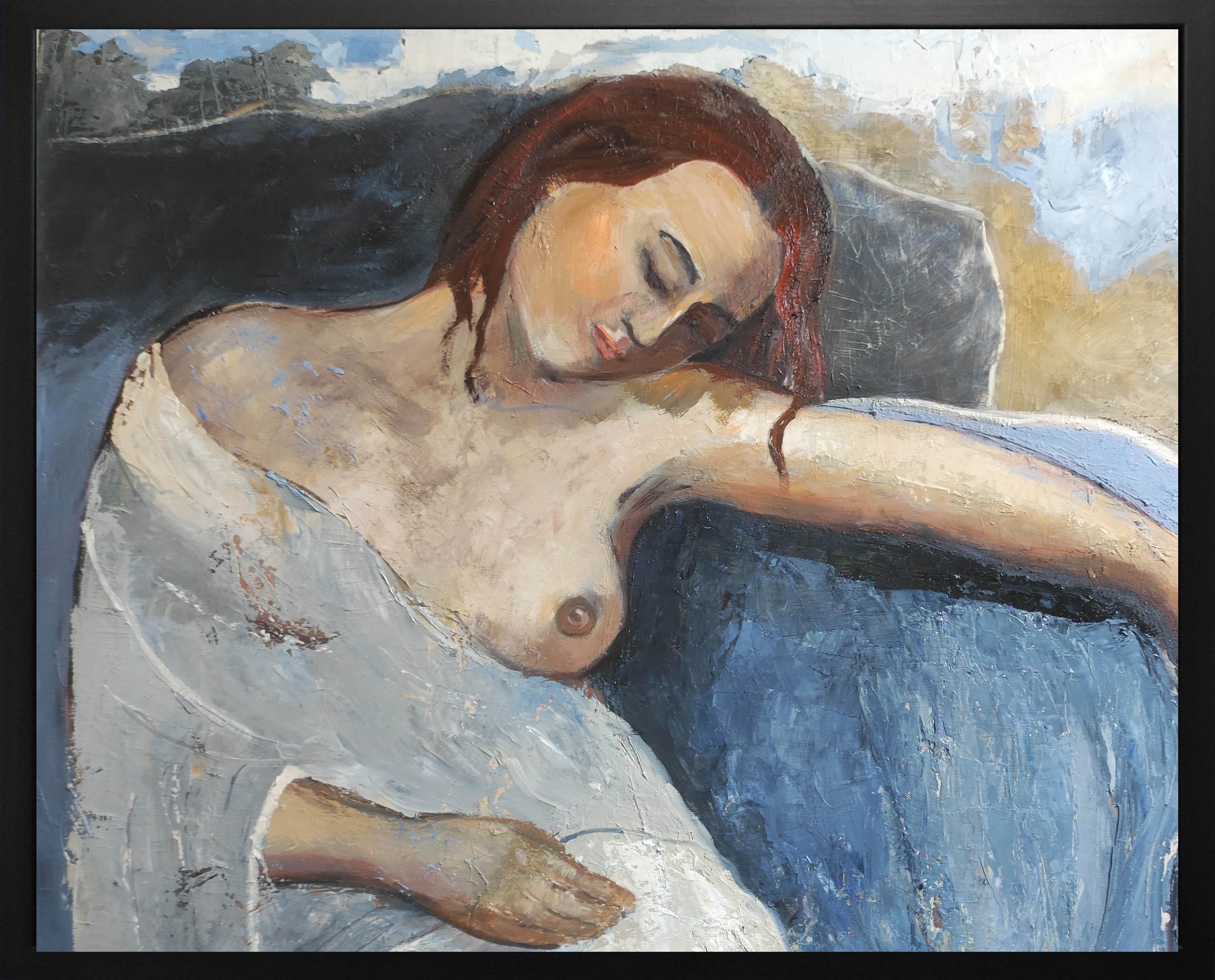 Feminität, blaue nackte Frau, Öl auf Leinwand, figuratives, zeitgenössisches Gemälde