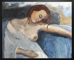 Femme nue bleue, huile sur toile, peinture figurative, contemporaine