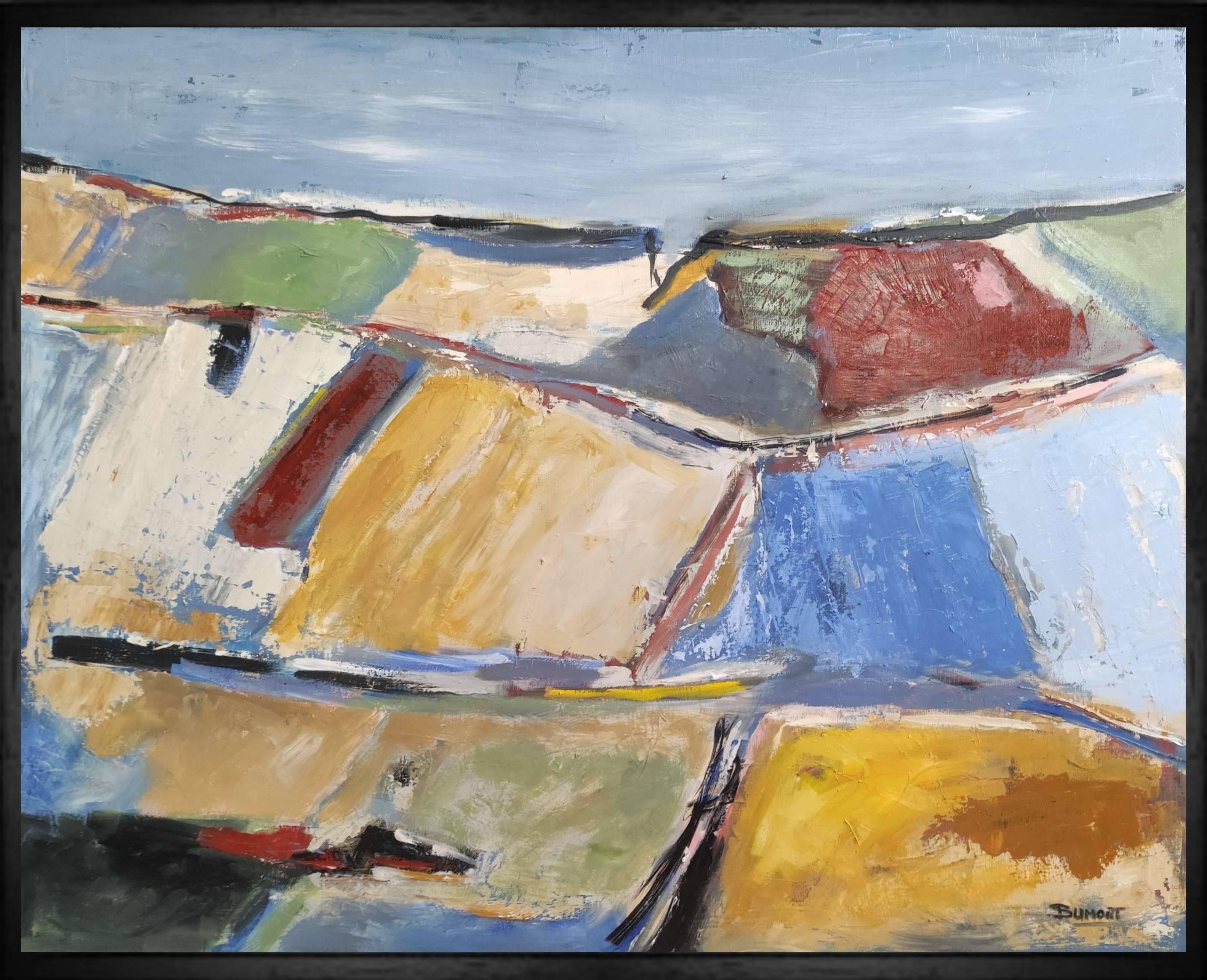 fields 8, countryside landscape, blue, yellow, abstract, expressionism, oil - Painting by SOPHIE DUMONT