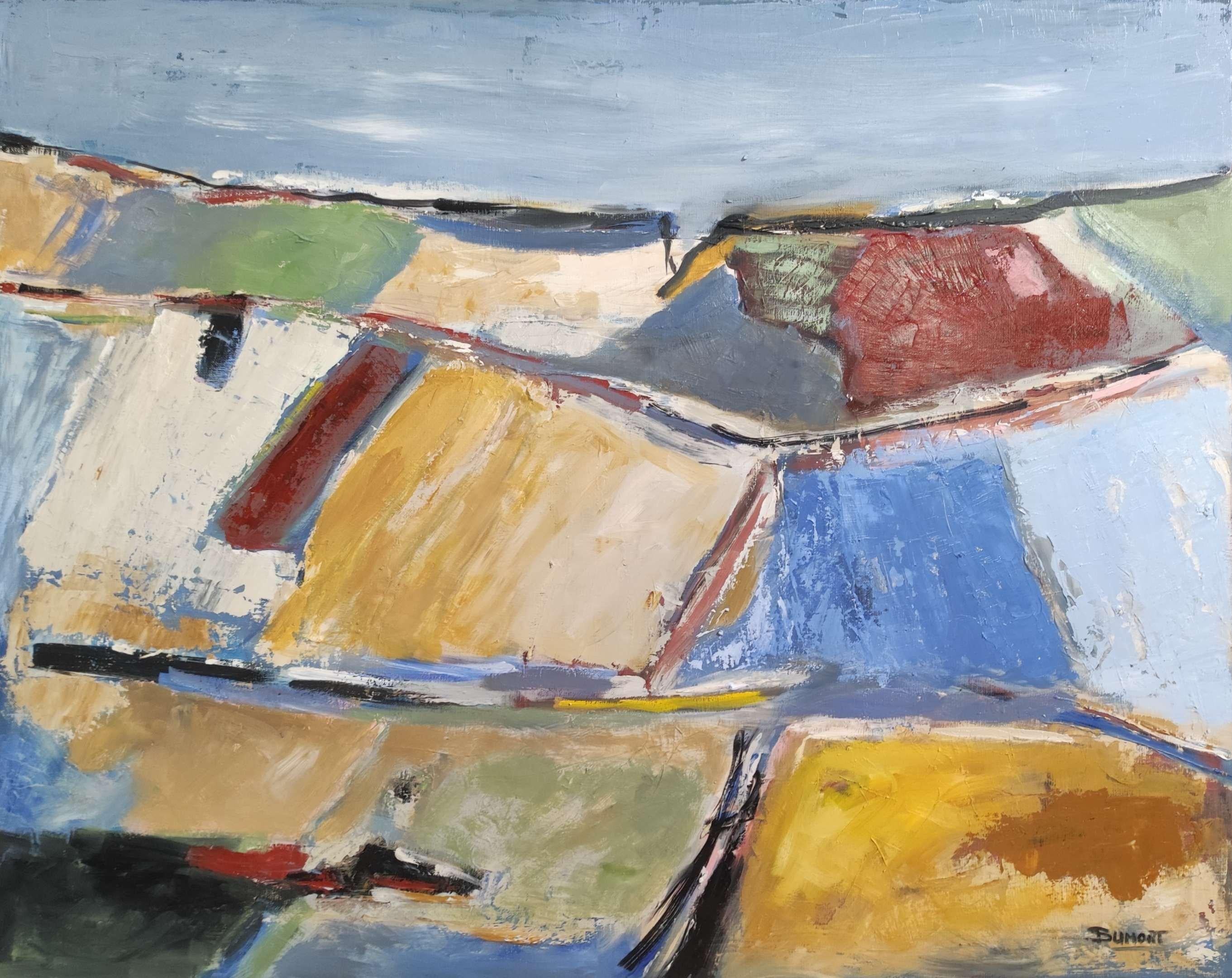 fields 8, countryside landscape, blue, yellow, abstract, expressionism, oil - Abstract Expressionist Painting by SOPHIE DUMONT