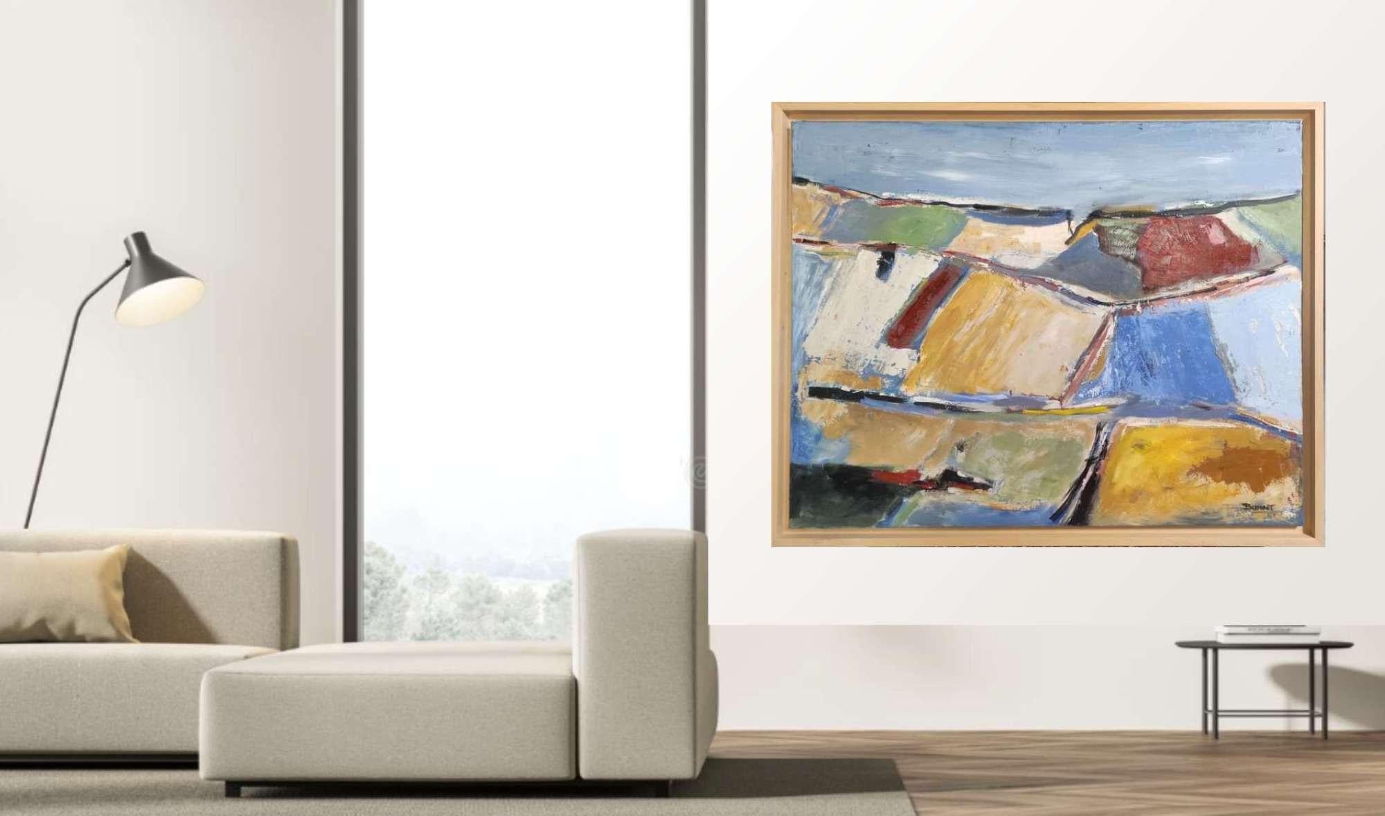 fields 8, countryside landscape, blue, yellow, abstract, expressionism, oil - Gray Landscape Painting by SOPHIE DUMONT