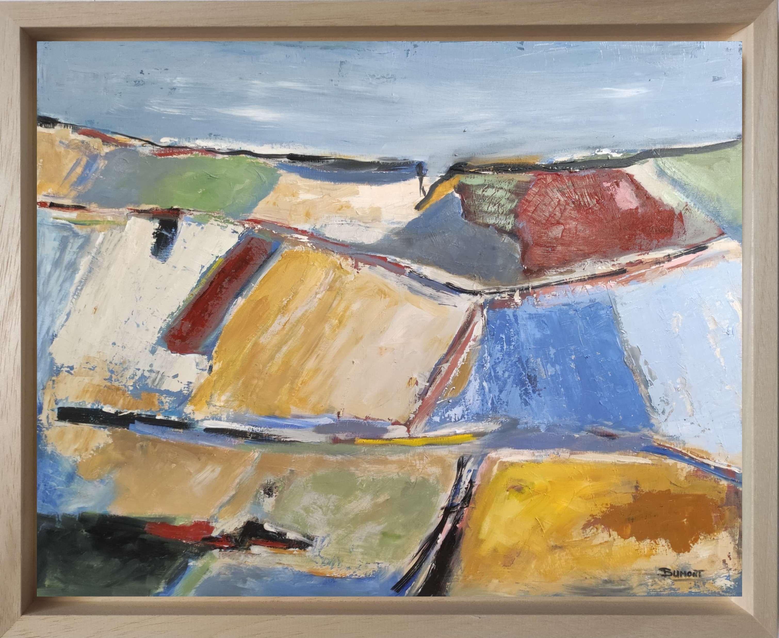fields 8, countryside landscape, blue, yellow, abstract, expressionism, oil