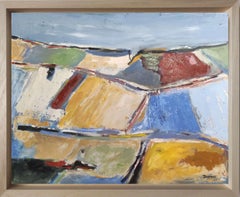 fields 8, countryside landscape, blue, yellow, abstract, expressionism, oil
