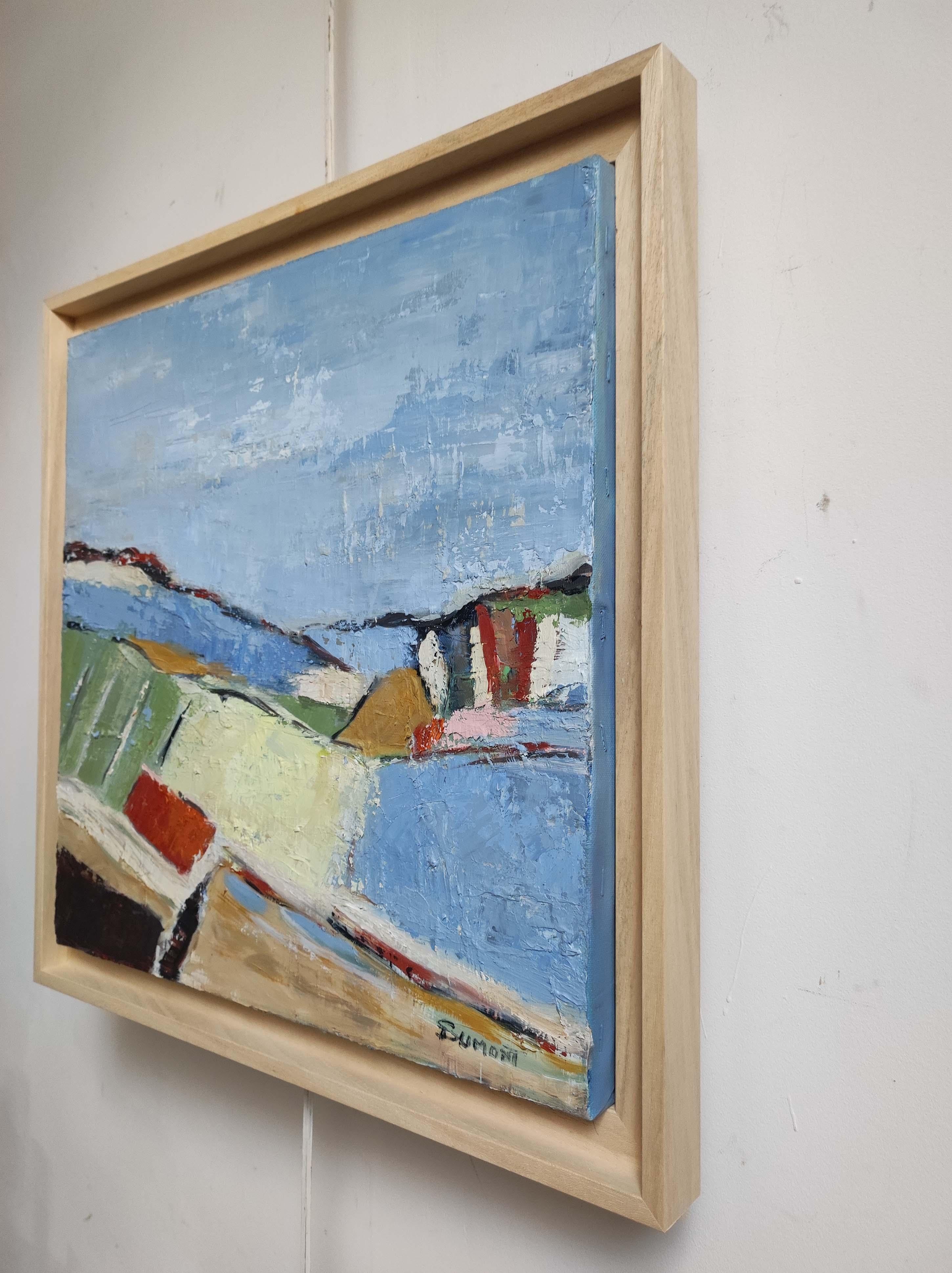Campos en Verano, Paisaje Abstracto Azul, Óleo sobre Lienzo Expresionista, Moderno - Landscape Painting Gris de SOPHIE DUMONT