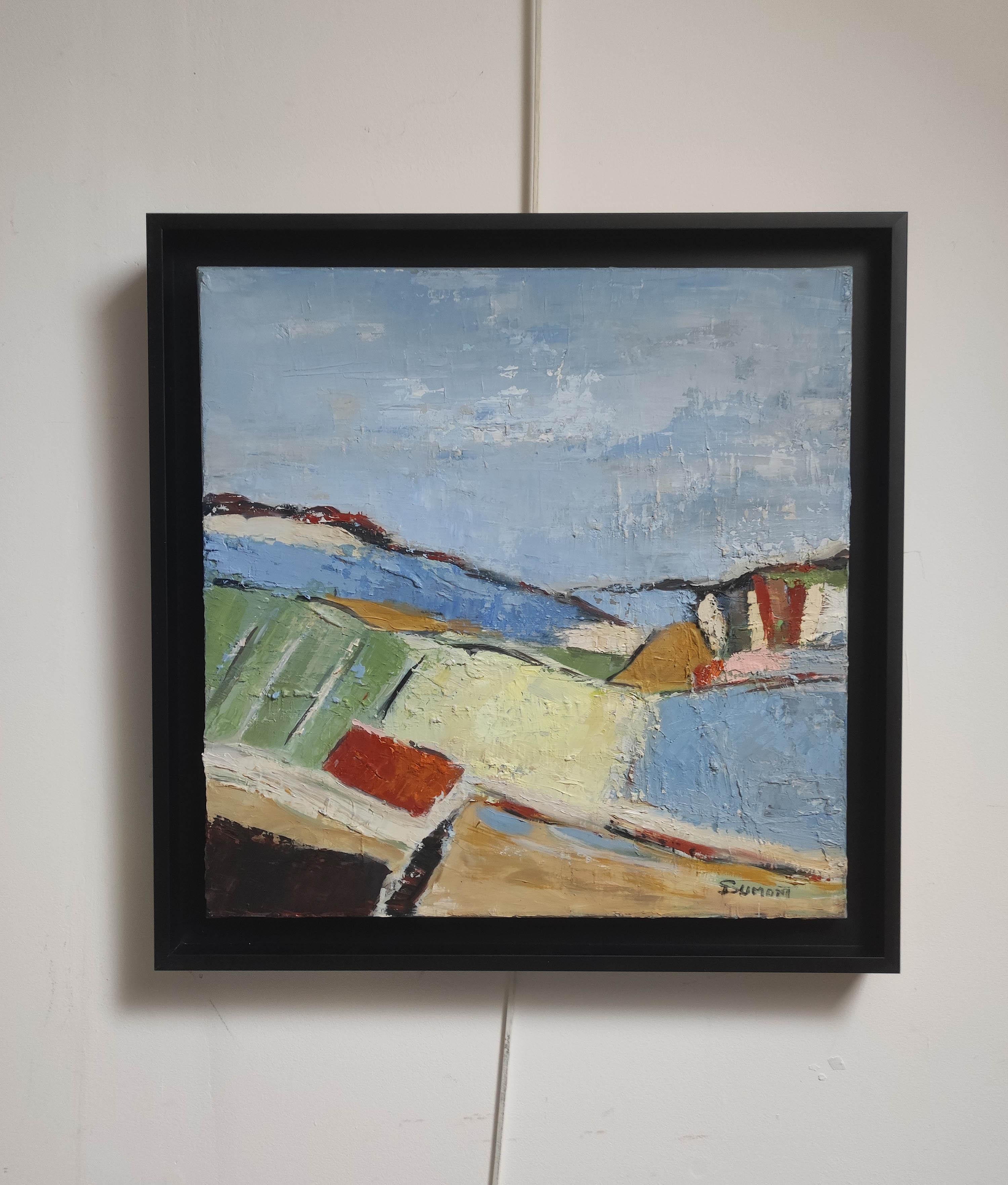 Campos en Verano, Paisaje Abstracto Azul, Óleo sobre Lienzo Expresionista, Moderno en venta 1