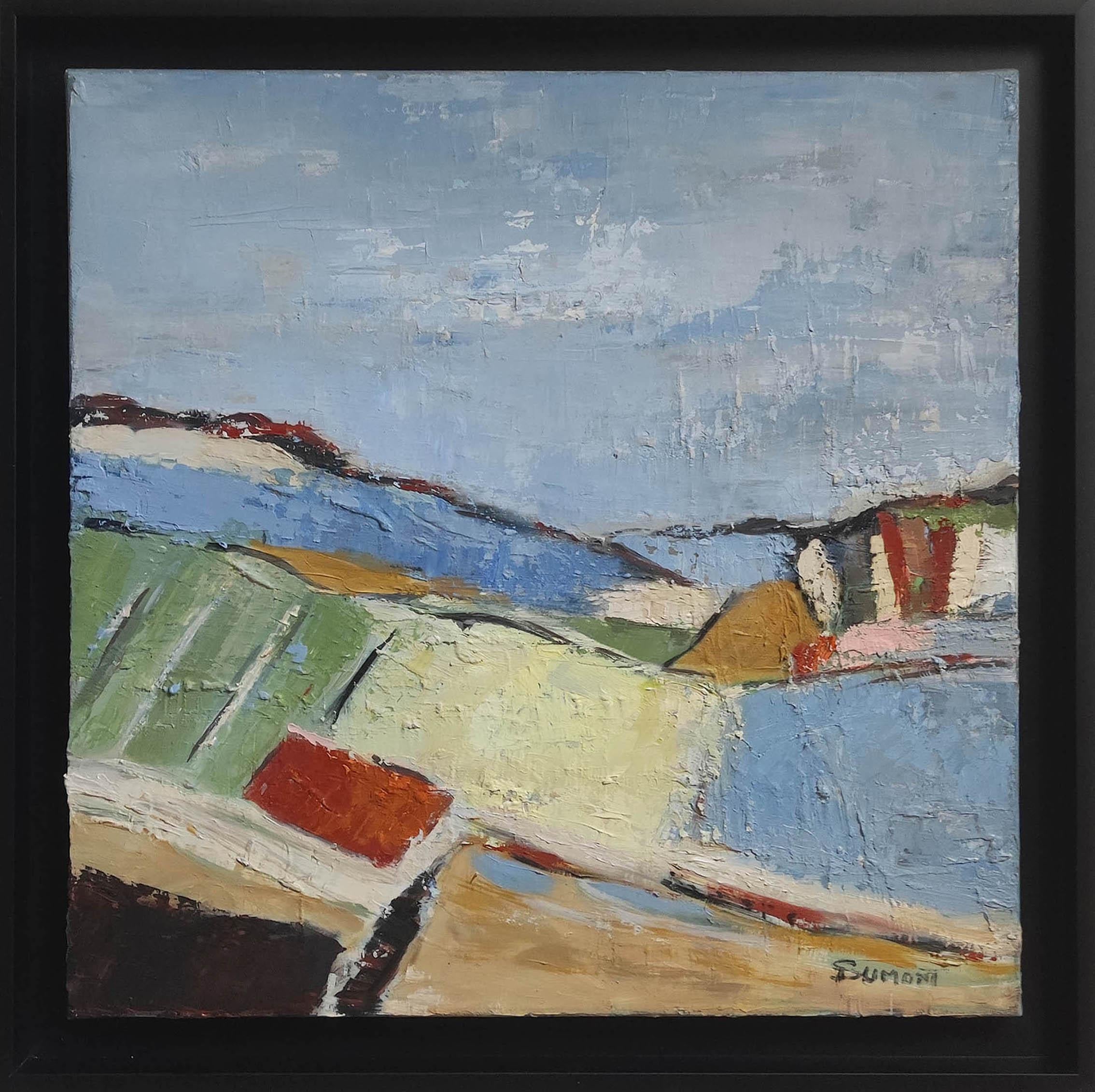 Landscape Painting de SOPHIE DUMONT - Campos en Verano, Paisaje Abstracto Azul, Óleo sobre Lienzo Expresionista, Moderno