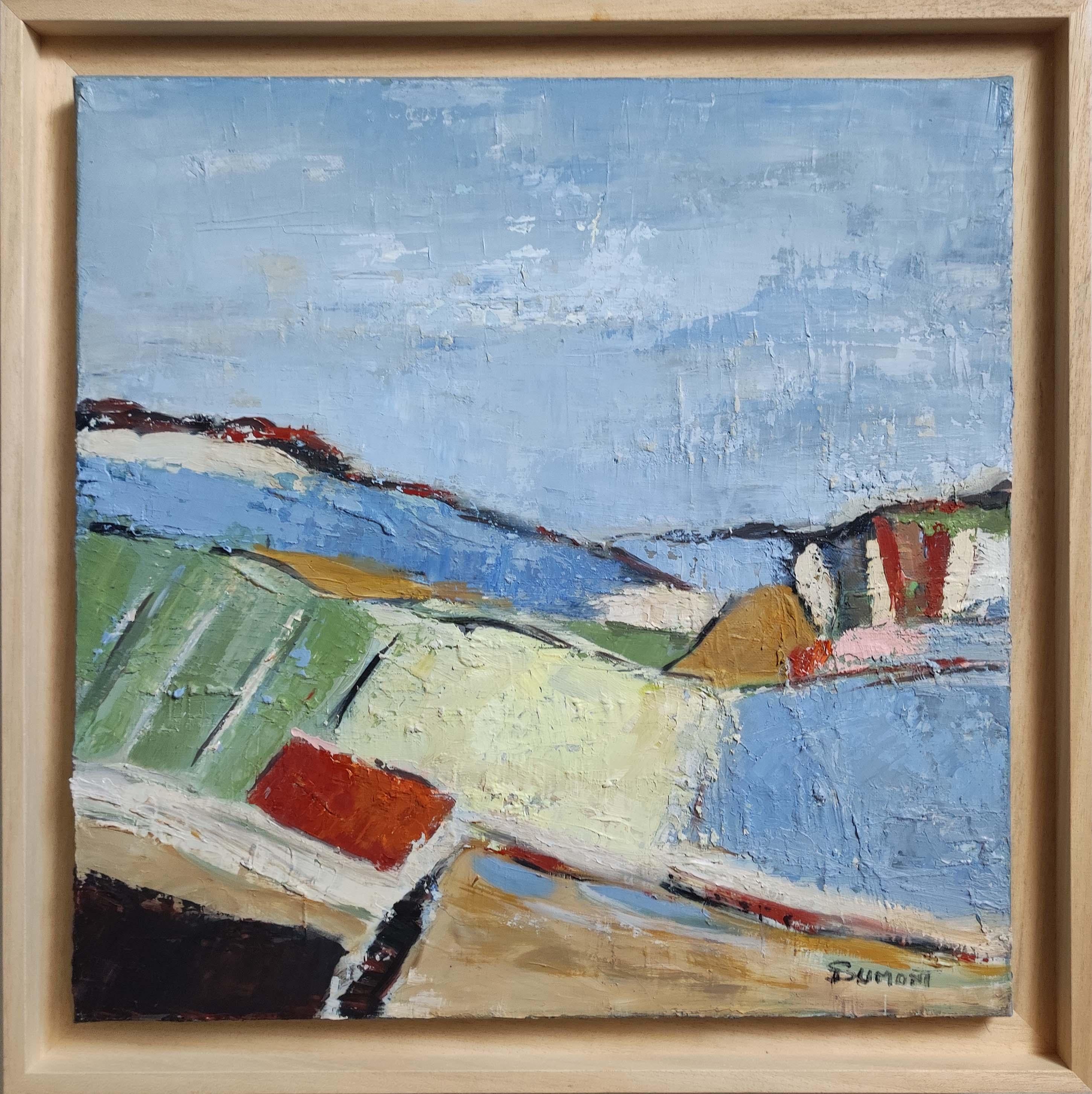 Campos en Verano, Paisaje Abstracto Azul, Óleo sobre Lienzo Expresionista, Moderno - Painting de SOPHIE DUMONT