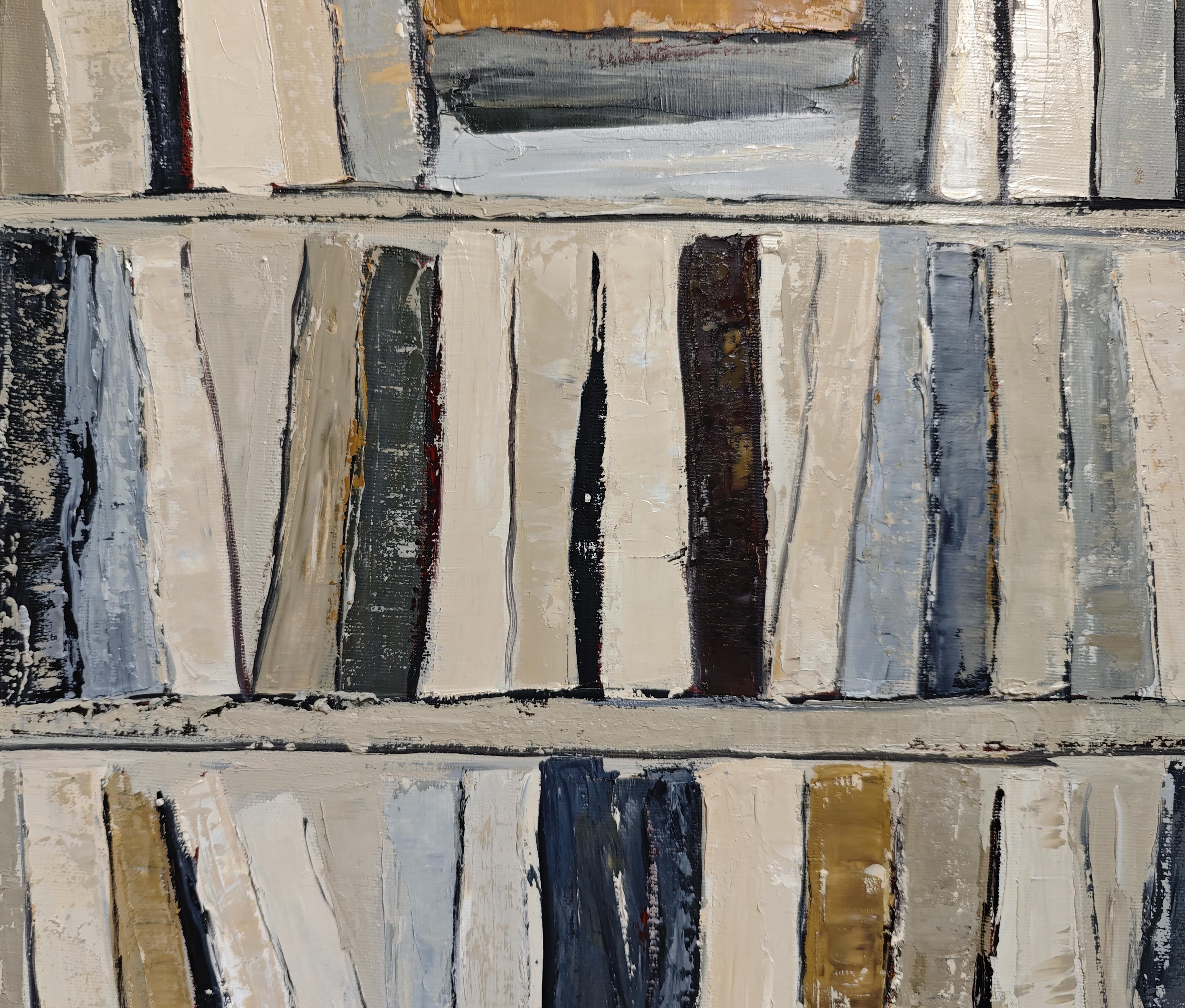 Fragments of Reading - Abstract library, textured painting, Oil on canvas For Sale 1