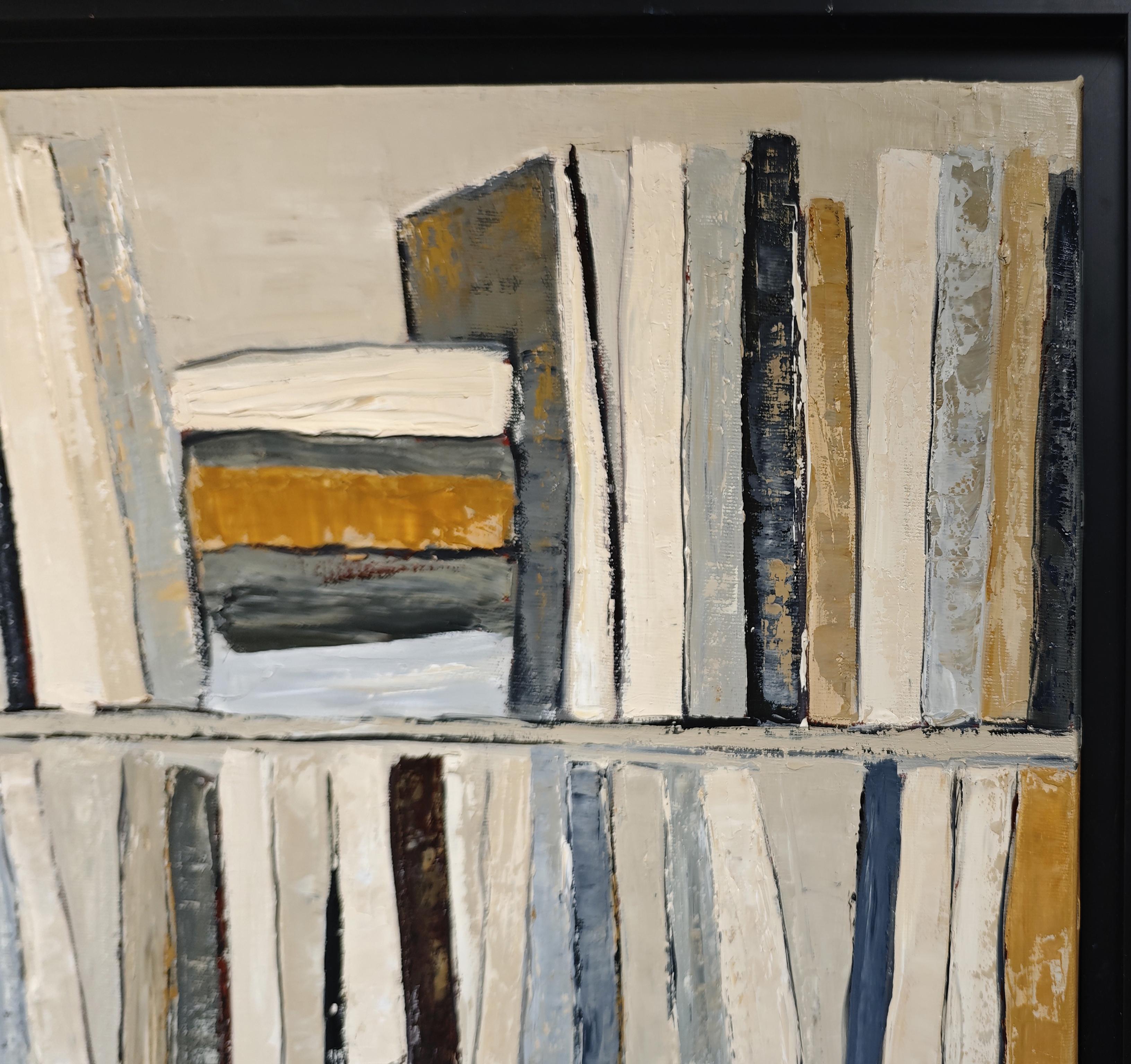 Fragments of Reading - Abstract library, textured painting, Oil on canvas For Sale 3
